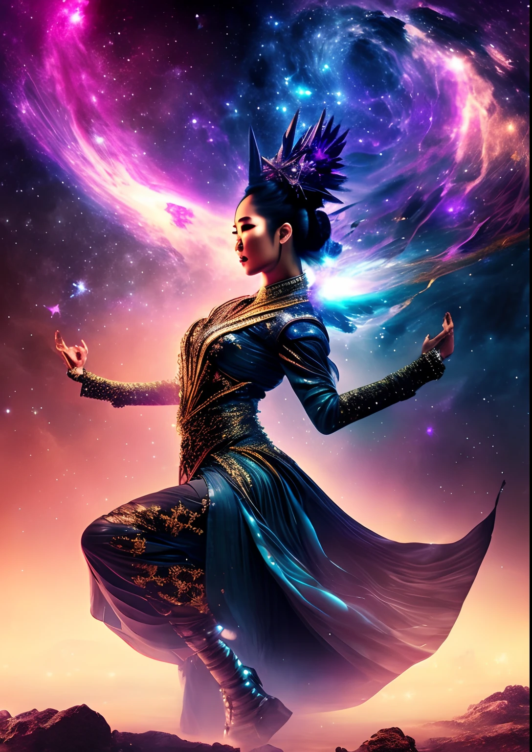 dreamlikeart, galaxy, outer space, nebula, star, [cyberpunked] Thai Dance from the Stars (star:1.5),