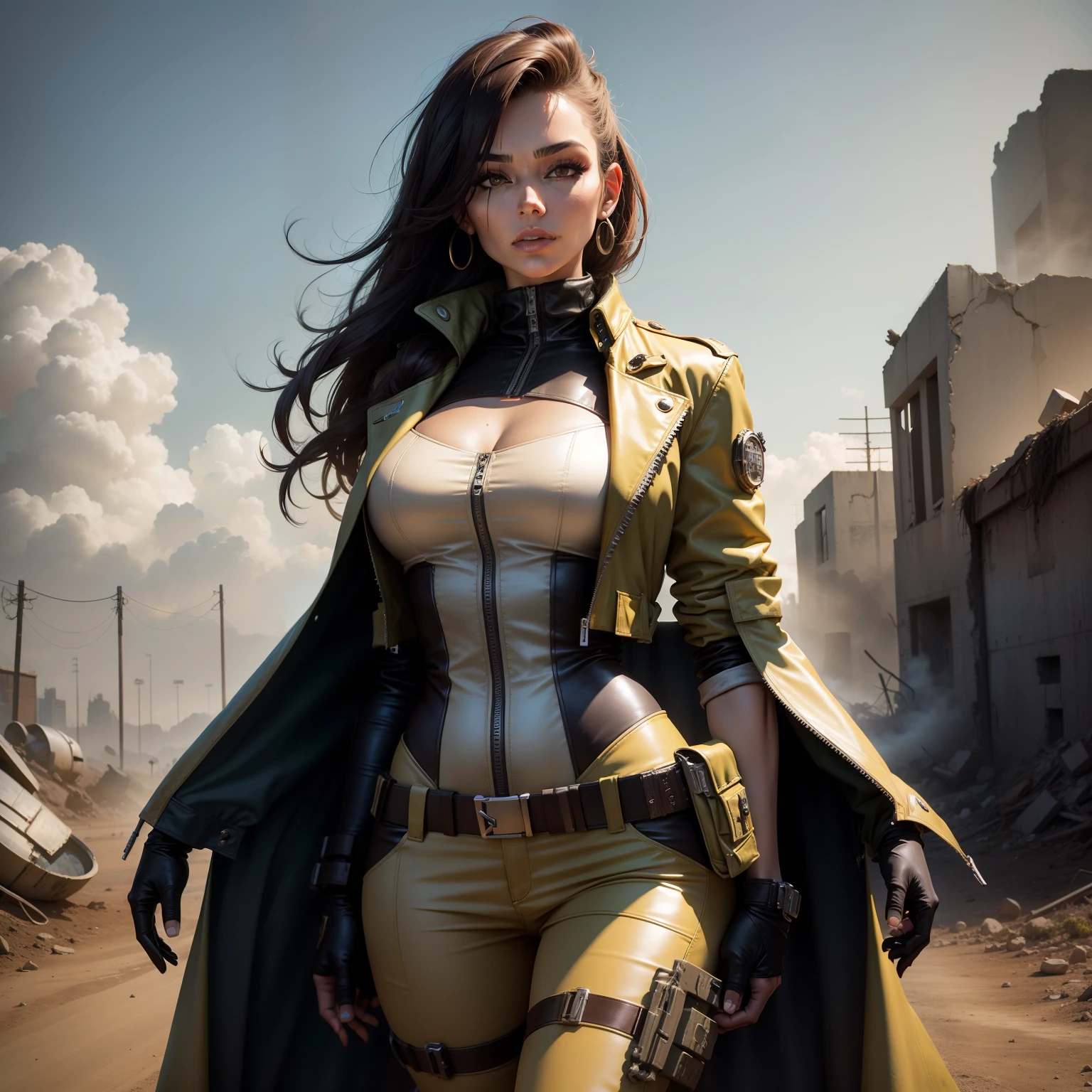 Doomsday wasteland style，woman，Wasteland mech dress-up，The background is a ruin，cabelos preto e longos，Earth yellow leather trench coat，shorter pants，