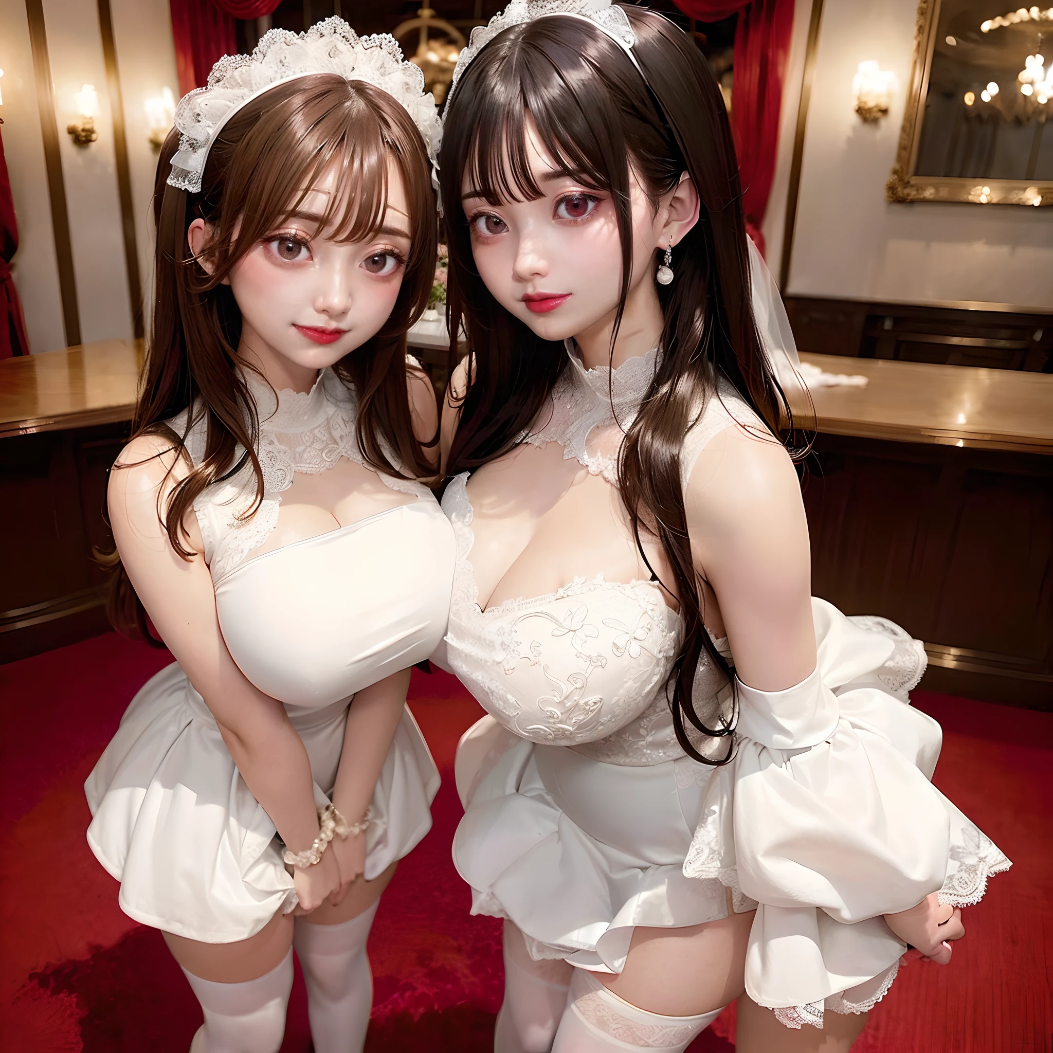 2 girls, standing straight, Huge-breasts, wedding dress, sexy outfit, white lace stockings, red-lips, high detail, Masterpiece,
