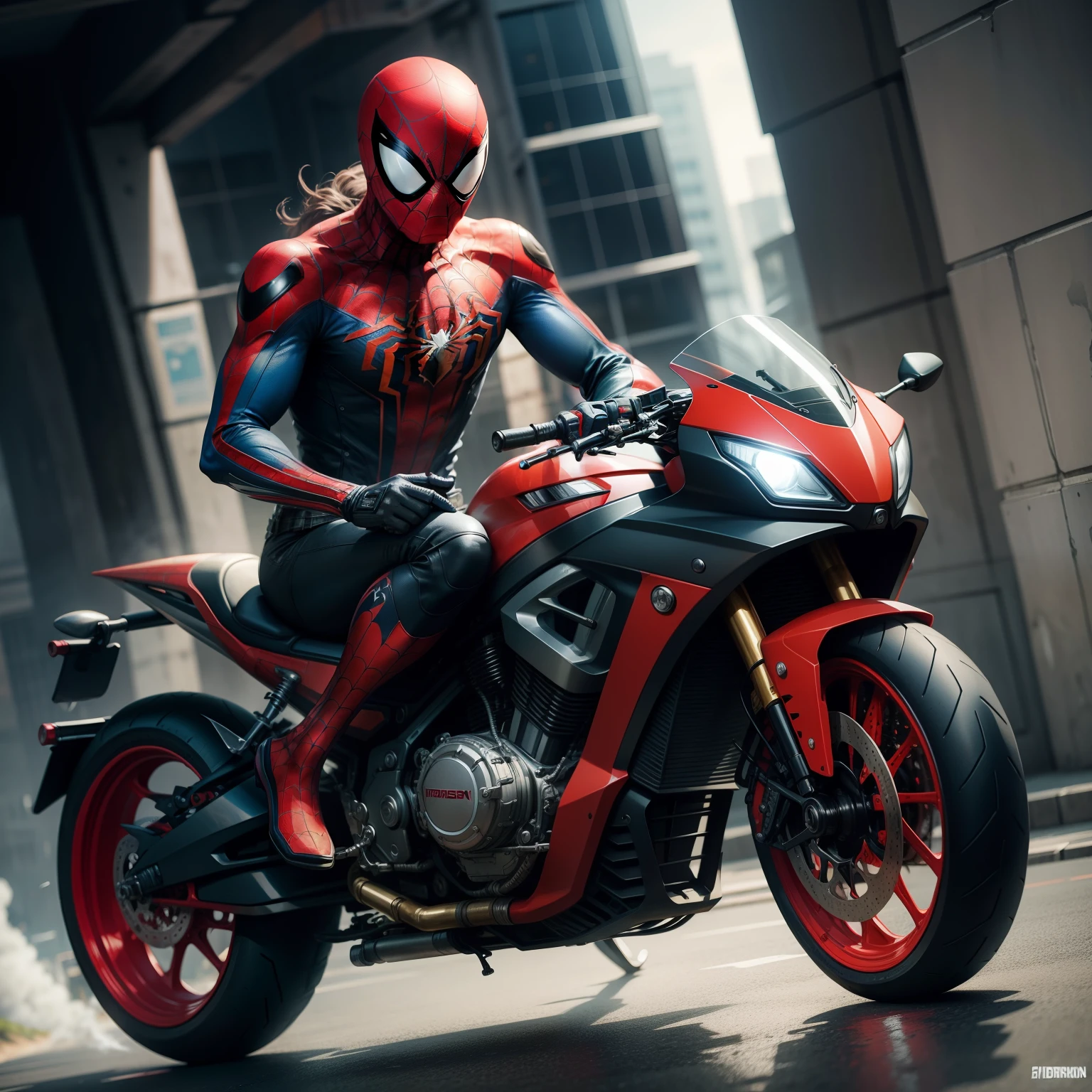 Spiderman riding a futuristic motobike