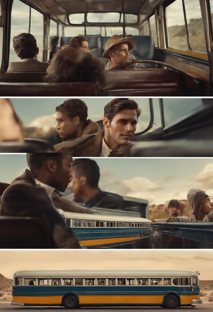 Quadrinhos americanos, The realistic comic is presented in several irregular panels with dark and realistic colors, A bus driver looks back with blank eyes and a deformed face, Two young men get on the bus, . e detalhado, photorealista