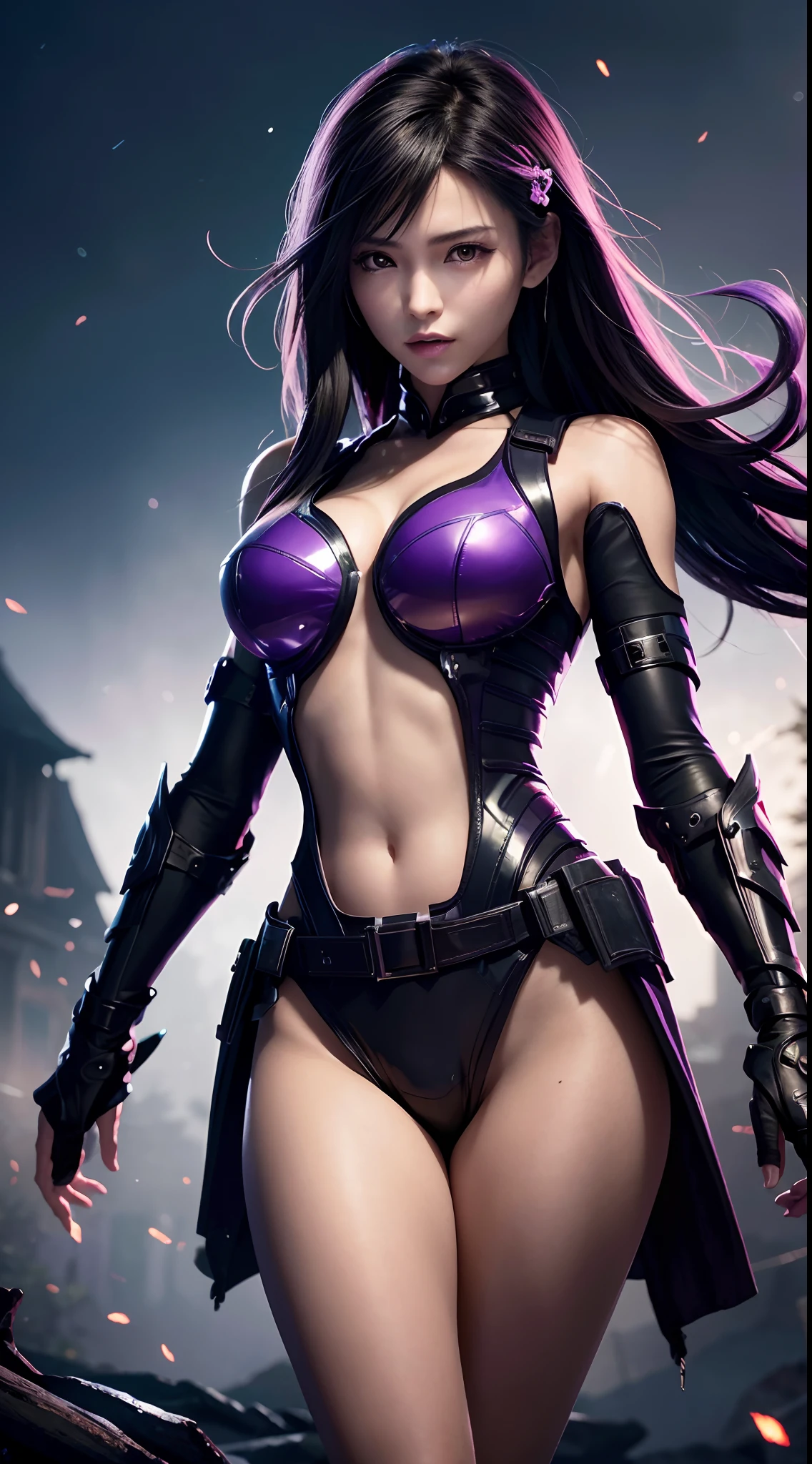 (Best quality,4K,8K,A high resolution,Masterpiece:1.2),Ultra-detailed,Sharp focus,Realistic,Photorealistic:1.37,Highly detailed eyes and face,beautiful detailed lips,mysterious,stealthy,Night scene,Dark shadows,dim murky lights,Dynamic pose,actionpacked,Fierce,merciless,Honed skills,A silhouette of a ninja,The sword slashed through the air,Precision strikes,jumping in mid-air,Smoke surrounded her,The bodies were attacked,Expressive eyes convey determination and focus,Purple flame in the background,creating an intense and dramatic atmosphere,Contrasting colors,Subtle moonlight shone in the woods,Adding a touch of mystery,purple color palette,Create a sense of intrigue and danger,Subtle shiny patterns on ninja clothes,Add a touch of elegance and sophistication