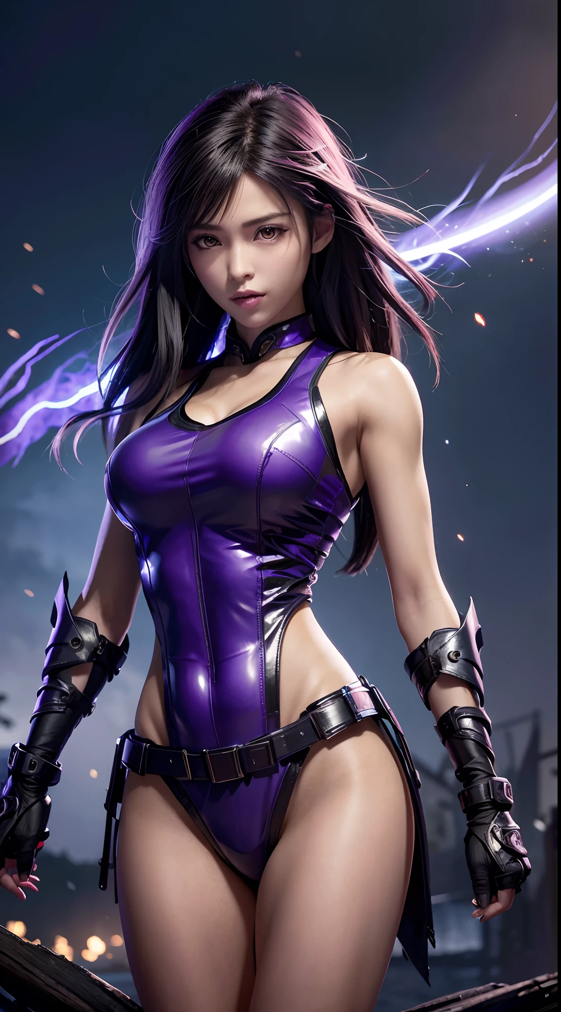 (Best quality,4K,8K,A high resolution,Masterpiece:1.2),Ultra-detailed,Sharp focus,Realistic,Photorealistic:1.37,Highly detailed eyes and face,beautiful detailed lips,mysterious,stealthy,Night scene,Dark shadows,dim murky lights,Dynamic pose,actionpacked,Fierce,merciless,Honed skills,A silhouette of a ninja,The sword slashed through the air,Precision strikes,jumping in mid-air,Smoke surrounded her,The bodies were attacked,Expressive eyes convey determination and focus,Purple flame in the background,creating an intense and dramatic atmosphere,Contrasting colors,Subtle moonlight shone in the woods,Adding a touch of mystery,purple color palette,Create a sense of intrigue and danger,Subtle shiny patterns on ninja clothes,Add a touch of elegance and sophistication