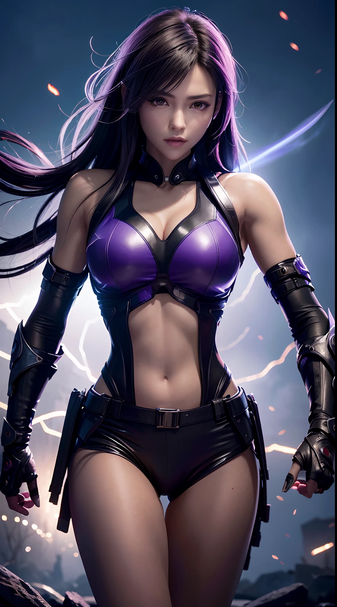 (Best quality,4K,8K,A high resolution,Masterpiece:1.2),Ultra-detailed,Sharp focus,Realistic,Photorealistic:1.37,Highly detailed eyes and face,beautiful detailed lips,mysterious,stealthy,Night scene,Dark shadows,dim murky lights,Dynamic pose,actionpacked,Fierce,merciless,Honed skills,A silhouette of a ninja,The sword slashed through the air,Precision strikes,jumping in mid-air,Smoke surrounded her,The bodies were attacked,Expressive eyes convey determination and focus,Purple flame in the background,creating an intense and dramatic atmosphere,Contrasting colors,Subtle moonlight shone in the woods,Adding a touch of mystery,purple color palette,Create a sense of intrigue and danger,Subtle shiny patterns on ninja clothes,Add a touch of elegance and sophistication