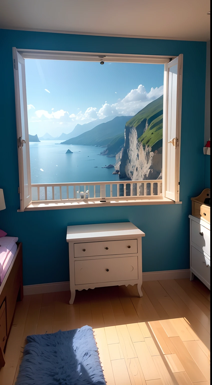 Une chambre avec une ambiance Enchanteuse dans le style de Royaume sous-marin avec une vue.