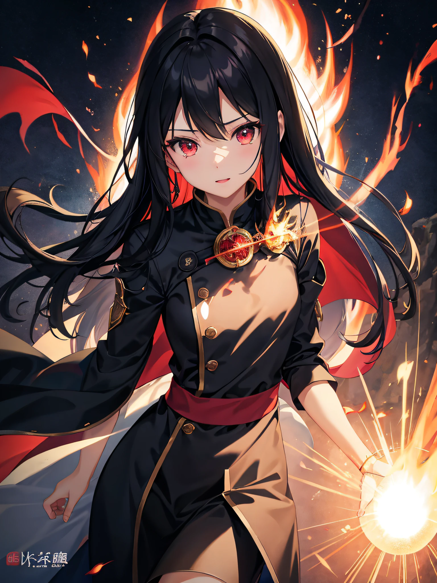 女の子1人、A dark-haired、Akame、Fire Witch、Bloods、Particles of light、llight rays、wall-paper、highcontrast、colourfull、Wearing flames