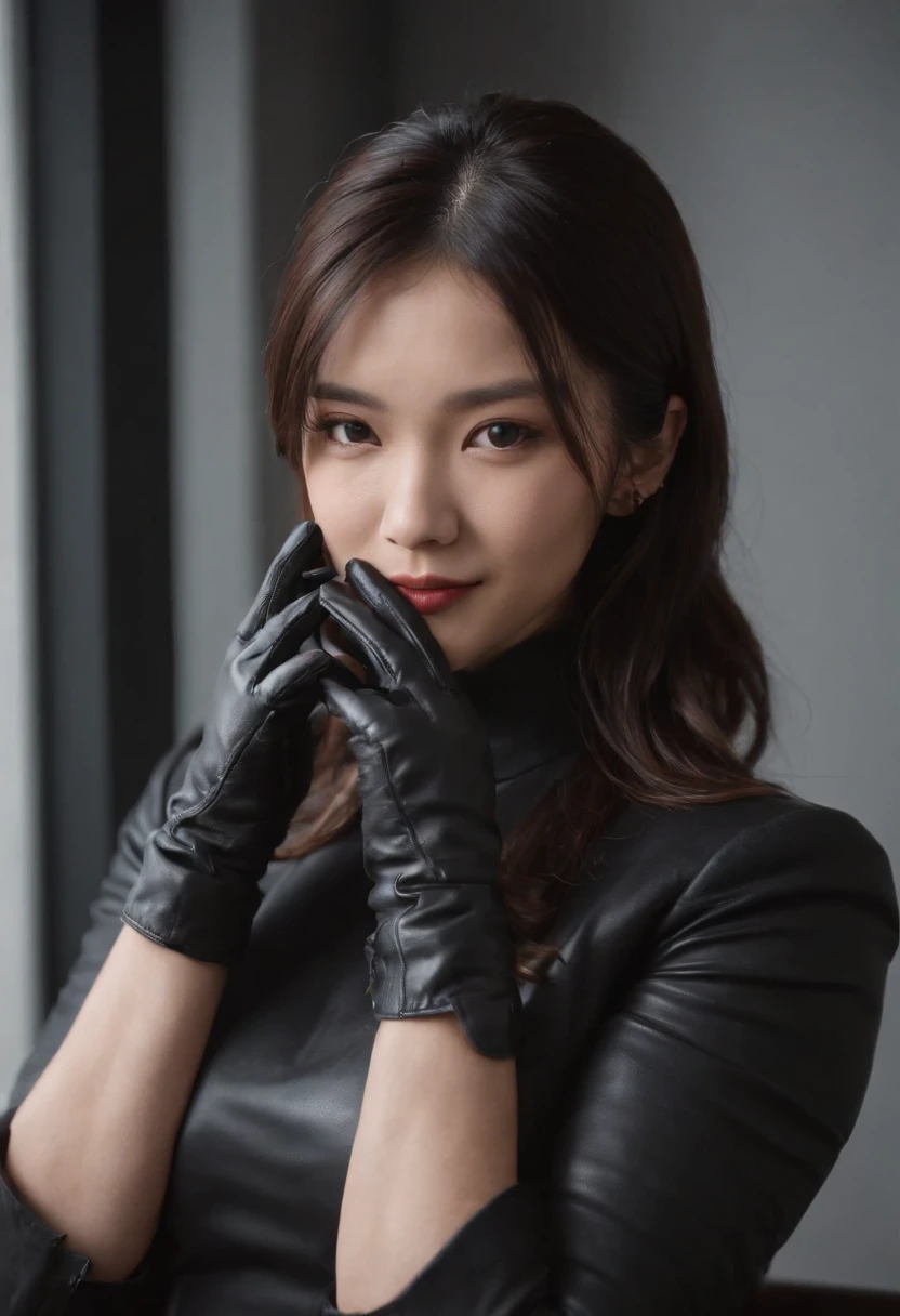 The upper body is covered with black leather gloves up to the fingertips in both hands. Black recruitment suit. Sitting on a leather chair on a desk in my room with a computer in the dark, talking to the other side of the screen. Long, black hair bundled in the back. Look at this, messing with the hair with the fingertips of black leather gloves, a very cute Japanese female