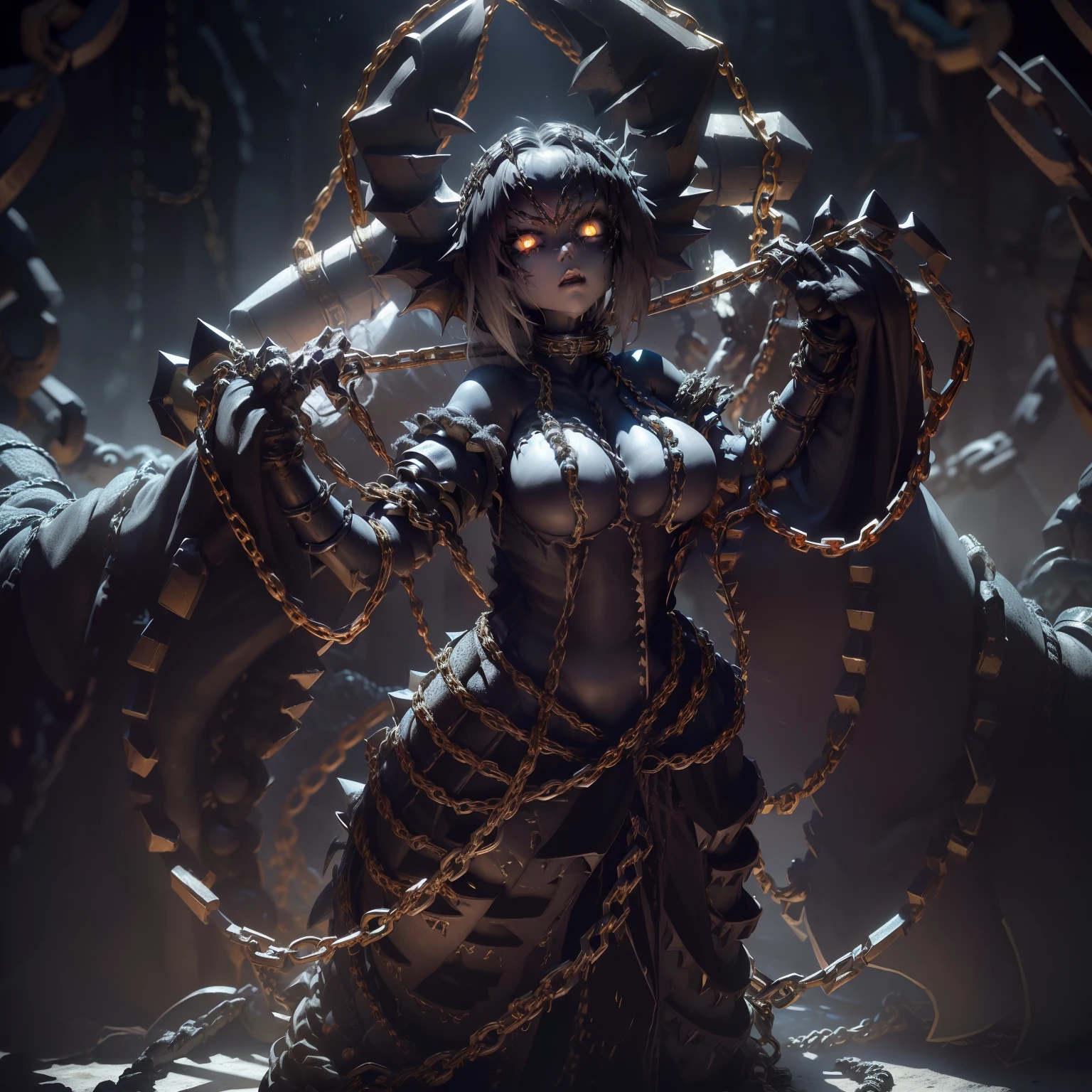 Depicted a chain-wielding chain monster、A monster that combines creepiness and beauty、(She is covered with chains:2.0)、Glows like a spark、Cold、Atrocious、brutality、cruel、angry expressions、Chains wriggling like living creatures、Light in the dark、(Full body:1.5)