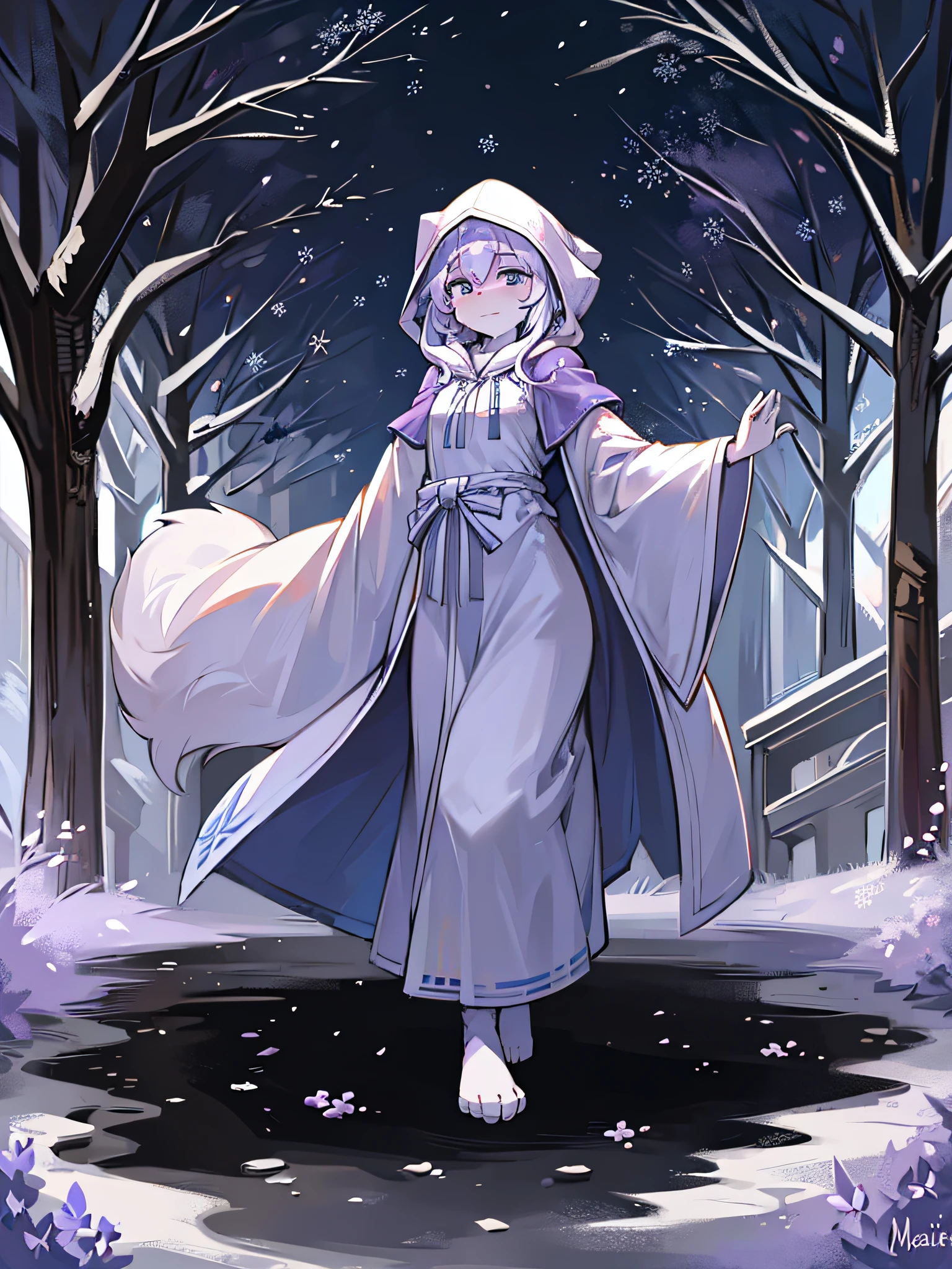 A white fox，Stand next to the tree，Dancing snowflakes，Abandoned wells，sadness，flowing robe，Hooded robe，One hand holds the tree，solo person，long whitr hair，Snowflakes in the sky，Lilac robe