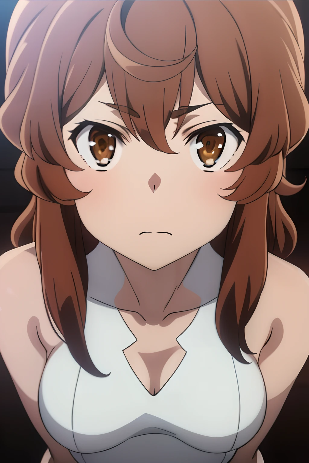(The beauty of one beautiful girl、Lirilka、18years old、brown-eyed(High resolution eyes、Beautiful eyes、Light in the eyes)、super high precision、hiquality、top-quality、animesque、2D、Brown shorthair、Fine-grained skin、Red cheeks、Red ears、Mischievous、During naughty delusions、Beautiful small breasts)、Close-up representation of a single person、Full body like、