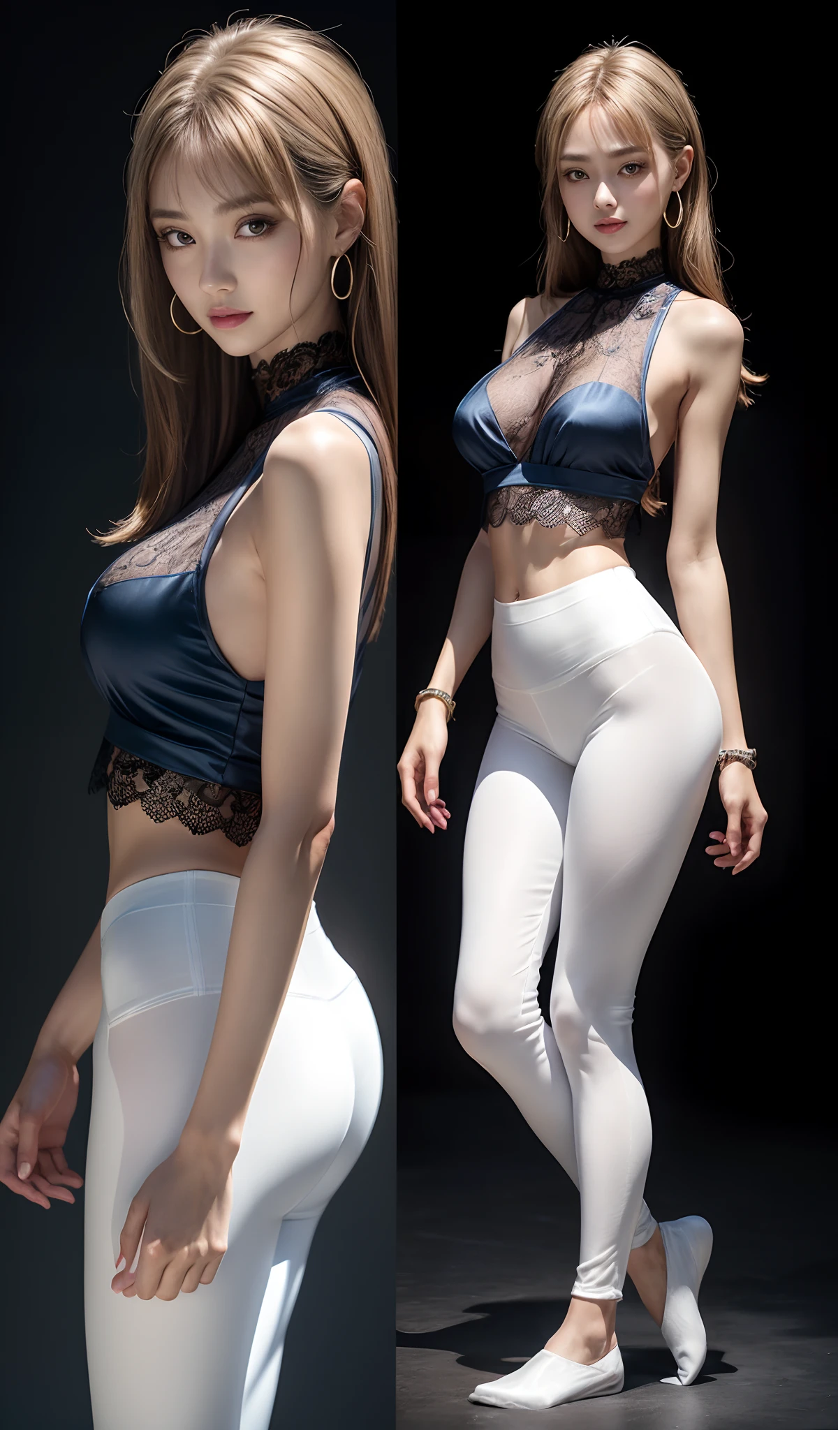 8K, masutepiece, Raw photo, Best Quality, Photorealistic, Highly detailed CG unified in 8K, 8K, Diamond, and wallpapers, depth of fields, Cinematic Light, Lens Flare, Ray tracing, (Extremely beautiful face, Beautiful lips, Beautiful eyes), intricate detail face, ((Ultra detailed skin)) 1girll, In the Dark, deepshadow, Pretty Korean girl, Kpop Idol, 1 girl, (very slim and slender muscular body:1.3), ((full body Esbian)),((Long legs)), ((view the viewer)),(Big smile:1.3), (Tight lace-up blouse), (Blue shirt), (Sleeveless) , (Fashion Night, a dark night, (Neon Light Sign), (Blurred background), Fashion Street Night),(No one is in the background:1.3), Beautiful earrings, bangle, Necklace, pantyhose, Clear eyes, (pale skin), (Big eyes), Face forward, ((full body shot shot)), ((Silk White Leggings:1.3)),(Big Assa),(Brown hairs),((Skinny Silk Pants)),(Big Assa), (view the viewer:1.3) opened breast, Very slim, medium breasts, turn back, Back shot, , Underwear