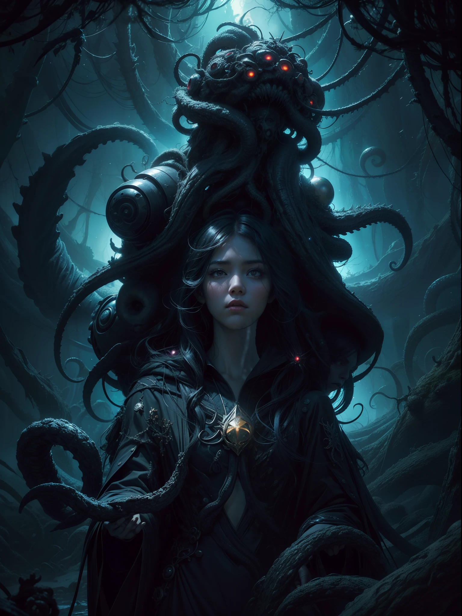 Cthulhu,(((Monster:1.35))),(face:1.25),JK,a sailor suit,(((tentaculata:1.35))),((Twisted limbs:1.3)),(sarcoma:1.35),Gloomy picture,((best quality)), ((masterpiece)), (high detail), (highres), looking up at the infinite length of the universe, endless galaxies, dangerous black holes, exploding supernovae, floating stars, endless stairs, nebulae, ominous, cinematic atmosphere, negative dark mode, mc escher, senseijaye art, matrix atmosphere, digital code rotation, matte painting," A golden pearl girl wrapped around a jungle vine, detailed facial features, extremely delicate and beautiful", colorful poisonous flower vines, surrounded by swarms of red tentacles, antennae: 1.5), swarms of tentacles in the background, fluffy, detailed, cinematic lighting, vibrant nature, volumetric light, trend on artstation, Octane rendering.", trends on artstation, clear focus, studio photos, Intricate detail, very detailed, ((fantasy)), intricate, Unreal Engine,
