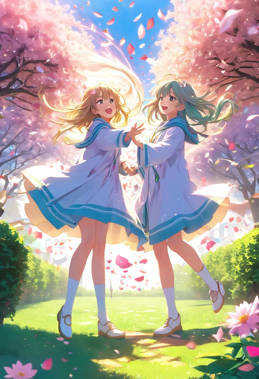((The garden is littered with many petals:1.5))，(Gusts of wind blow，Blowing two girls，Raise a hand to the sky:1.6)，Magic beyond imagination，innocent smiles，Maiden of the Wind，(Huge petal tornado around the girl:1.61)，Seven colors,(1girl in)，(Cute smile)，(The clothes are intricate magic robes，White base:1.4)，(Many light particles swirl around the girl) ，(Best Impact:1.5)， (Maximalism:1.7),Vivid Contrast， (Realistic),，hyper-realistic illustration,A high resolution,，ultra - detailed,absurderes，(Fractal art:1.3)，Braided hairstyle，Gradient Long Hair，full body shot of，Photograph the sky from your feet，Precise focus，randome pose，cinema4d