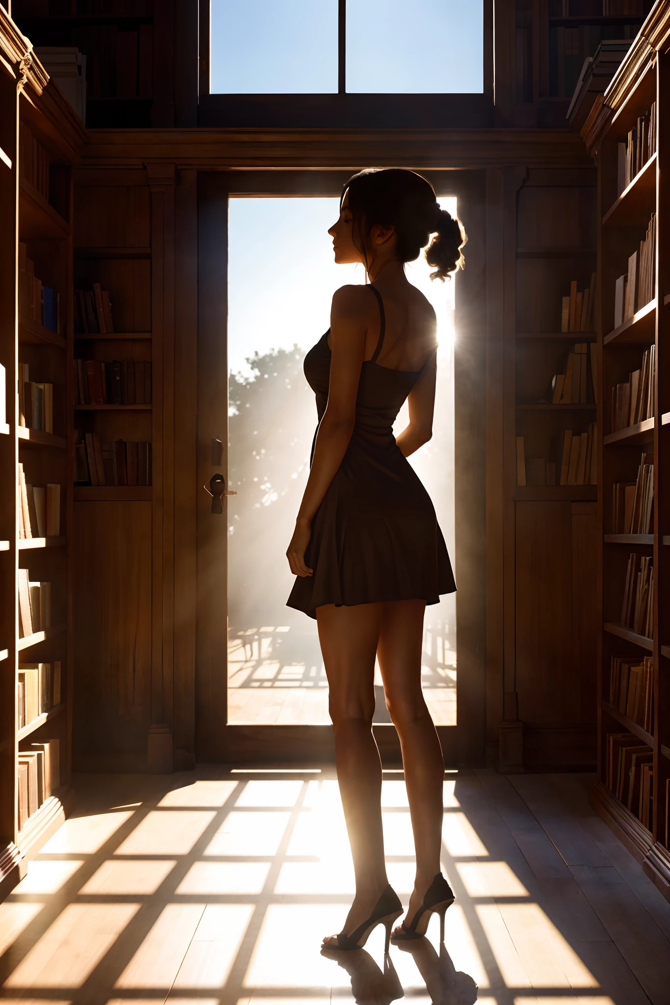 This is a medium shot. In an ancient, dusty library, tall wooden shelves brim with forgotten books. Sunlight beams through a weathered skylight, illuminating floating dust. Model is skinny with full breats wearing a mini tight black dress. Model is shot from side. She is standing on one leg on her tiptoes other leg is bent to back. She fully extends her body to its limit to reach a book on top shelf. The sunlight catches her silhouette, casting a long shadow that contrasts with the golden beams, adding a dynamic element to the otherwise static environment.