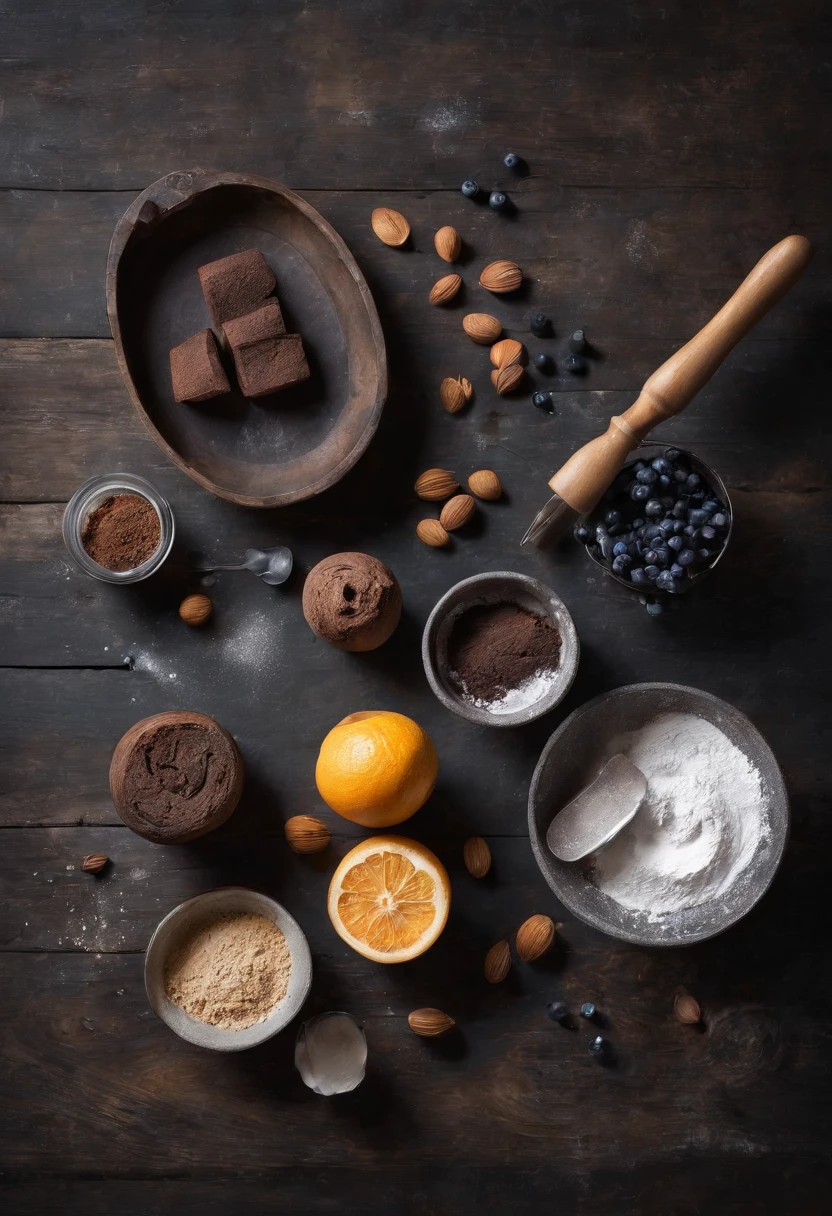 baking, cake, baking tools, baking powder, flat lay photography, creative composition, at wooden table, professional photography, dark moody