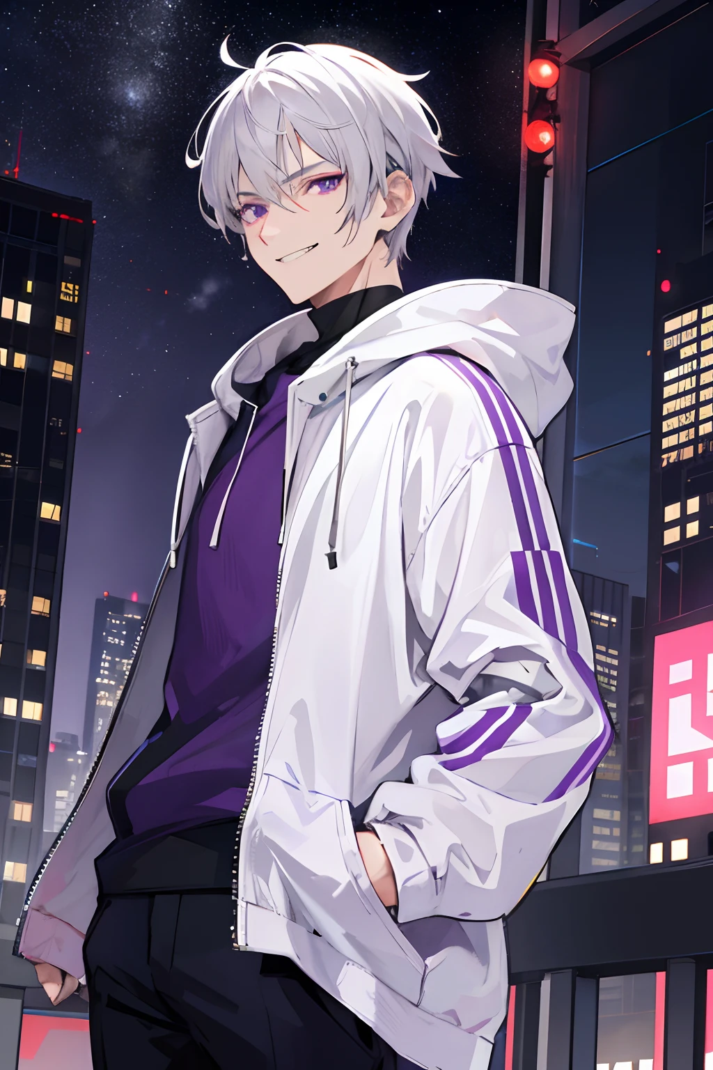 A man, gray hair and purple eyes, short hairstylist, white hoodie, top of the building, night, badass, evil smile