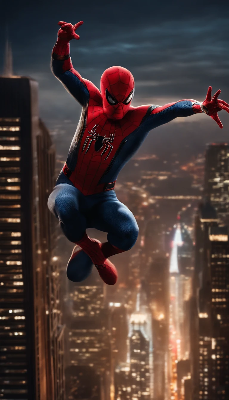 Describe Spider-Man in action as he swings between the skyscrapers of a modern city, capturing the moment he makes a spectacular leap from one building to another. He's in a heroic pose, with tense muscles and cloak fluttering in the night wind. The tall skyscrapers and city lights serve as the dramatic backdrop for this action scene. Detail the expression on his face and the way he holds his webs as he launches himself across the night sky.