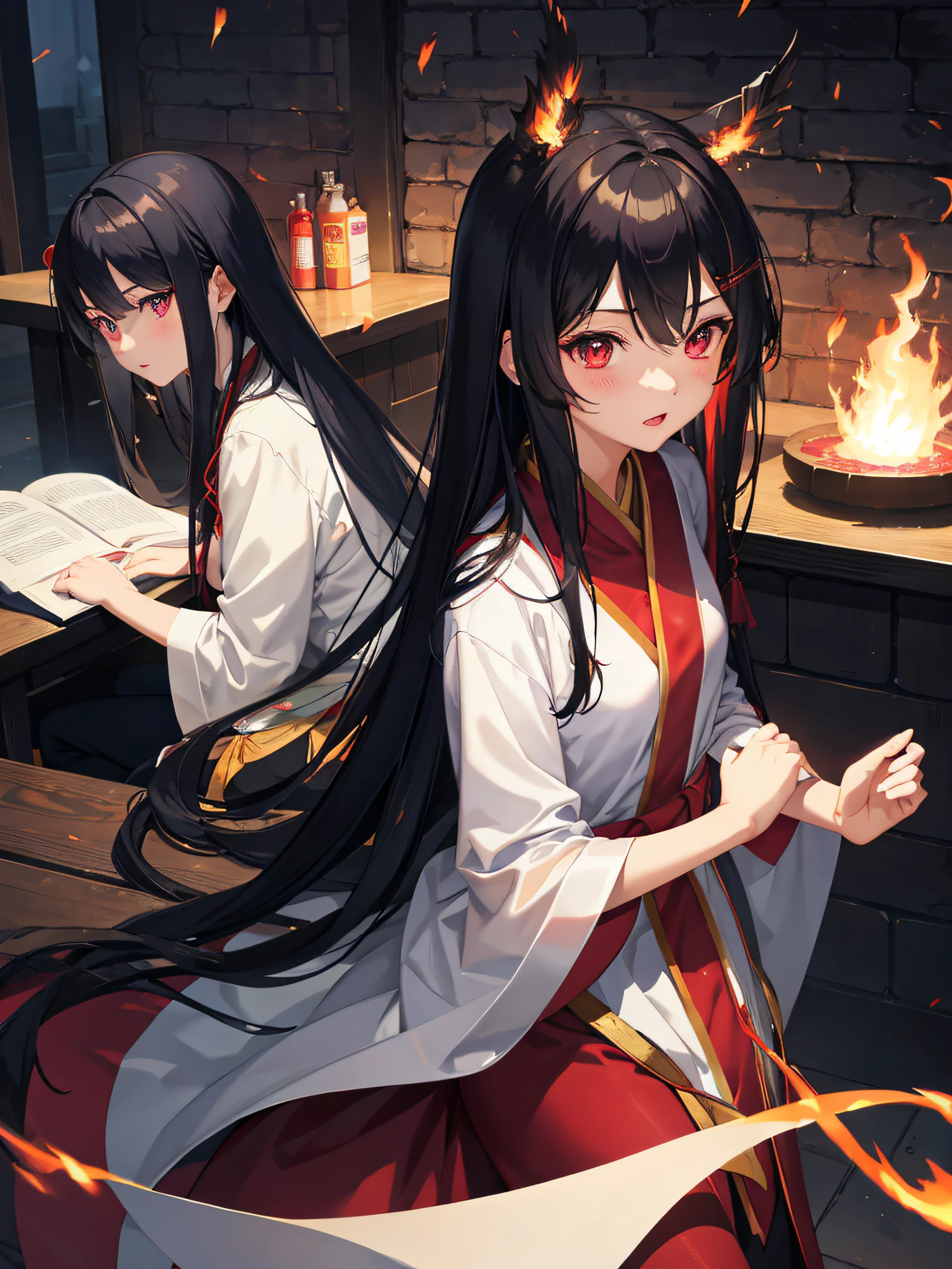女の子1人、A dark-haired、Akame、Fire Witch、Bloods、Particles of light、llight rays、wall-paper、highcontrast、colourfull、Wearing flames