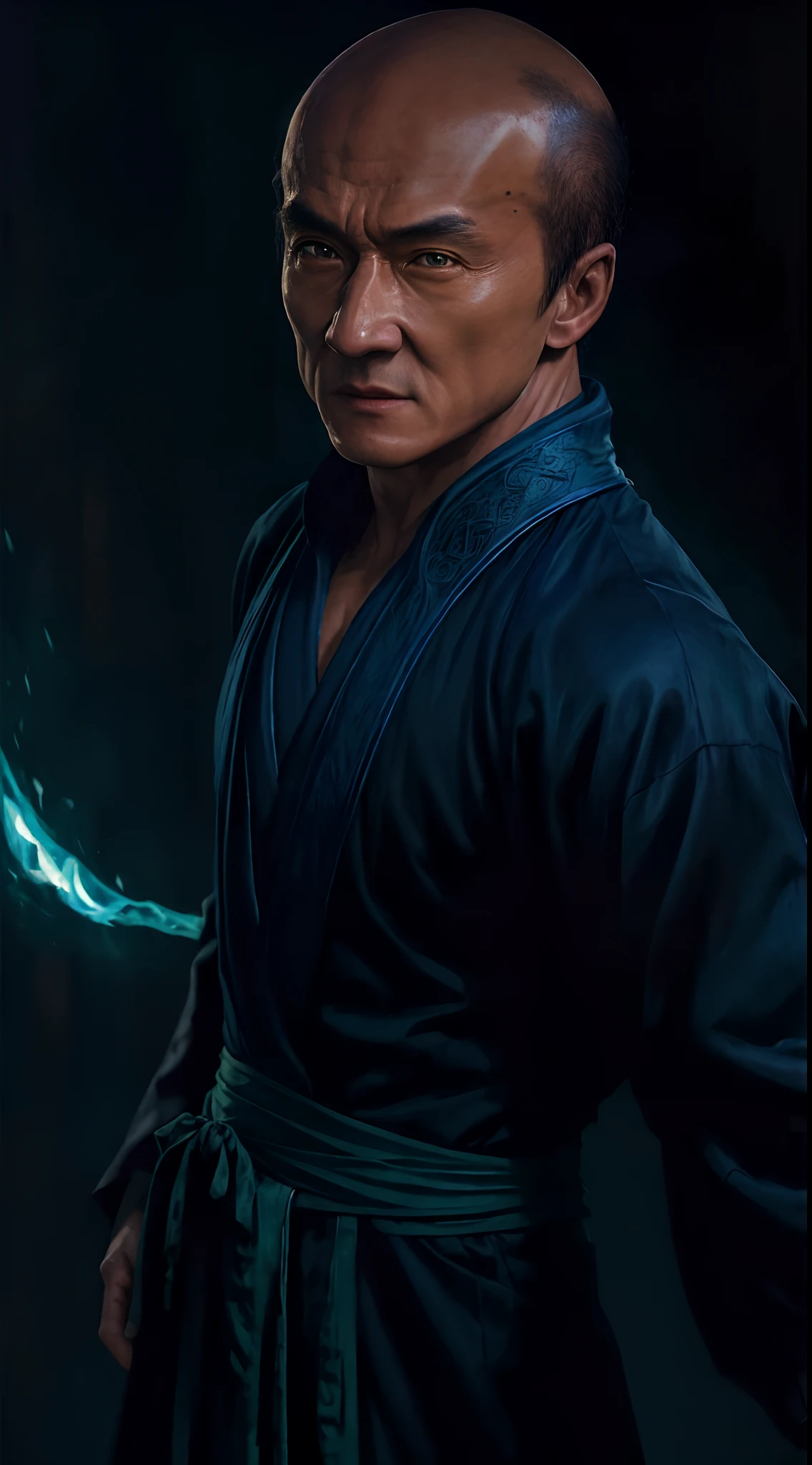 actor ((Jackie Chan)) as Shang Tsung, Mortal Kombat, ((old)), sinister-looking, ((bald spot)), ((goatee)), dark blue long robe, green transparent souls on background, intricate, high detail, sharp focus, dramatic, photorealistic painting art by greg rutkowski