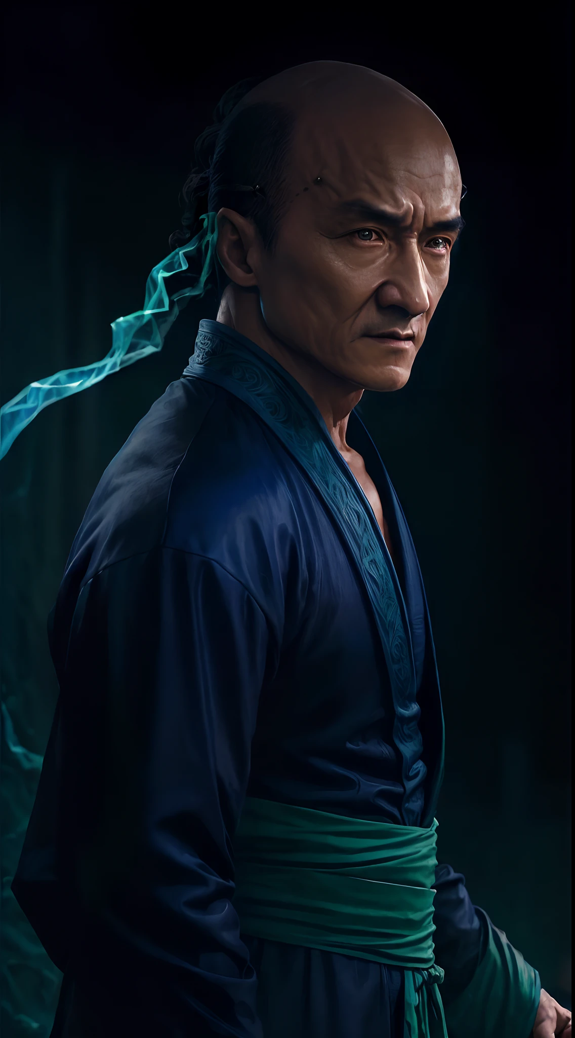 actor ((Jackie Chan)) as Shang Tsung, Mortal Kombat, ((old)), sinister-looking, ((bald spot)), ((goatee)), dark blue long robe, green transparent souls on background, intricate, high detail, sharp focus, dramatic, photorealistic painting art by greg rutkowski