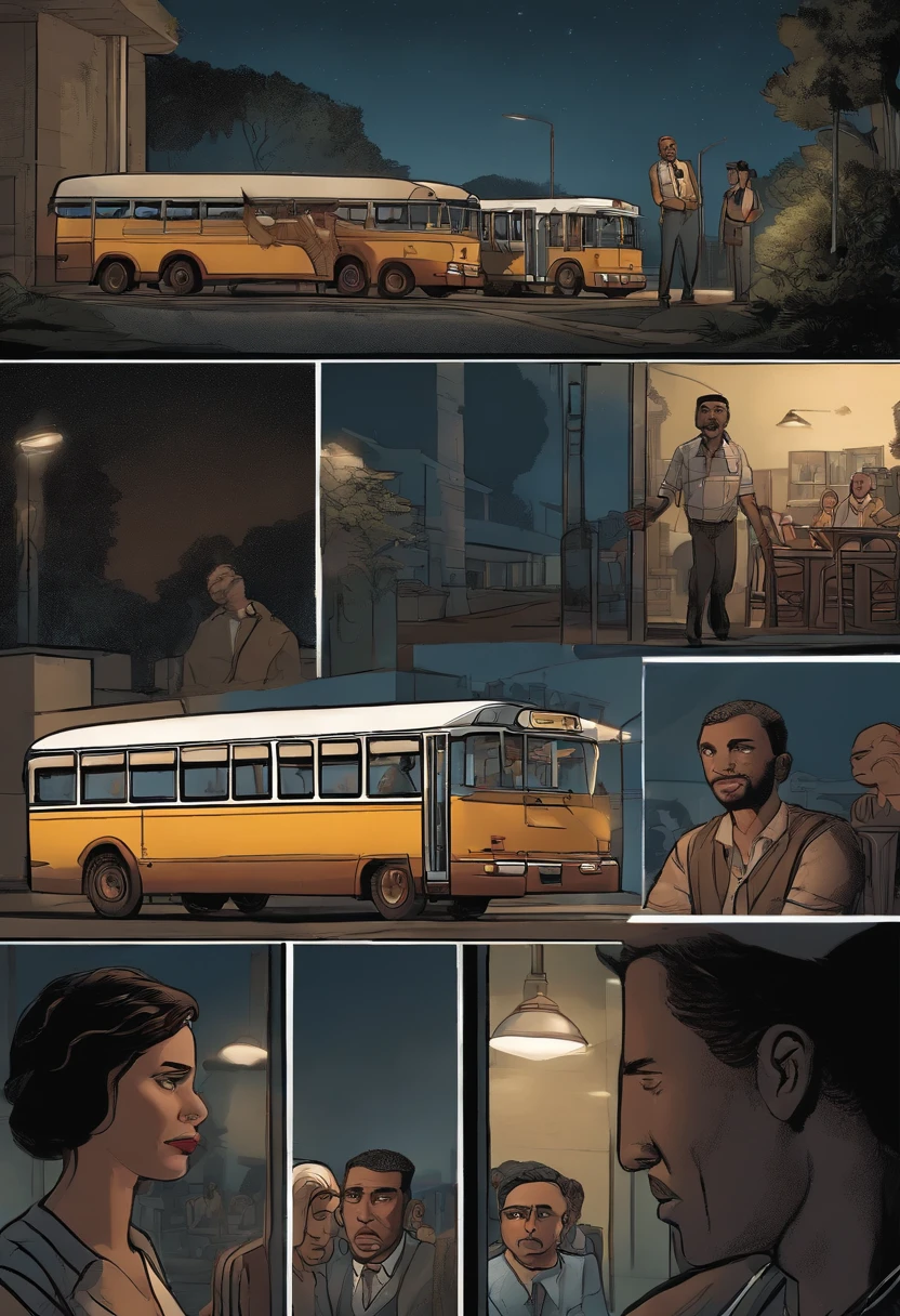 Quadrinhos americanos, The comic is presented in several irregular panels with colors. sombrias, A bus driver looks back with blank eyes and a deformed face, dois jovens entram no onibus, . The style is exaggerated and detailed, photorealista, night, sombrio, chuva forte