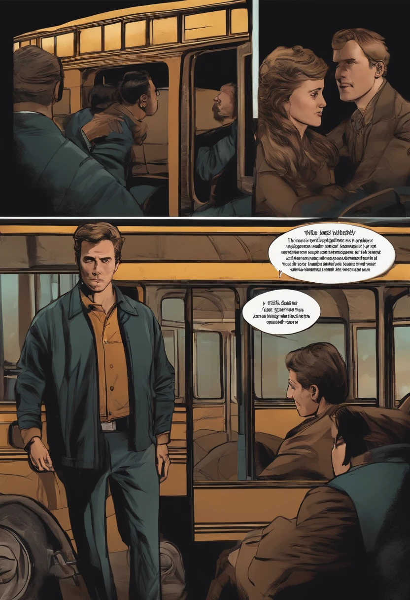 Quadrinhos americanos, The comic is presented in several irregular panels with colors. sombrias, A bus driver looks back with blank eyes and a deformed face, dois jovens entram no onibus, . The style is exaggerated and detailed, photorealista, night, sombrio, chuva forte