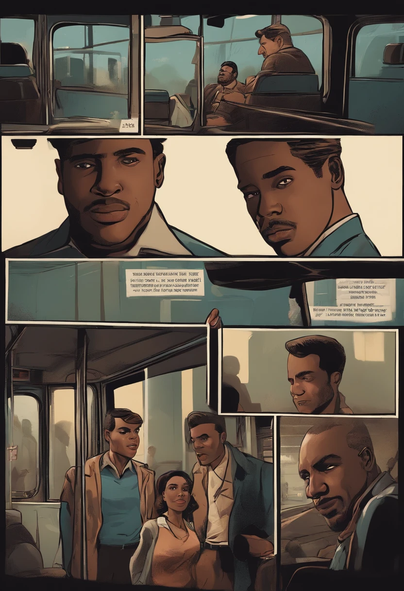 Quadrinhos americanos, The comic is presented in several irregular panels with colors. sombrias, A bus driver looks back with blank eyes and a deformed face, dois jovens entram no onibus, . The style is exaggerated and detailed, photorealista, night, sombrio, chuva forte