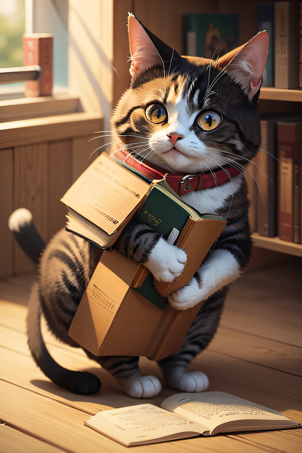 Cartoon cats,Wear short sleeves,Holding a book