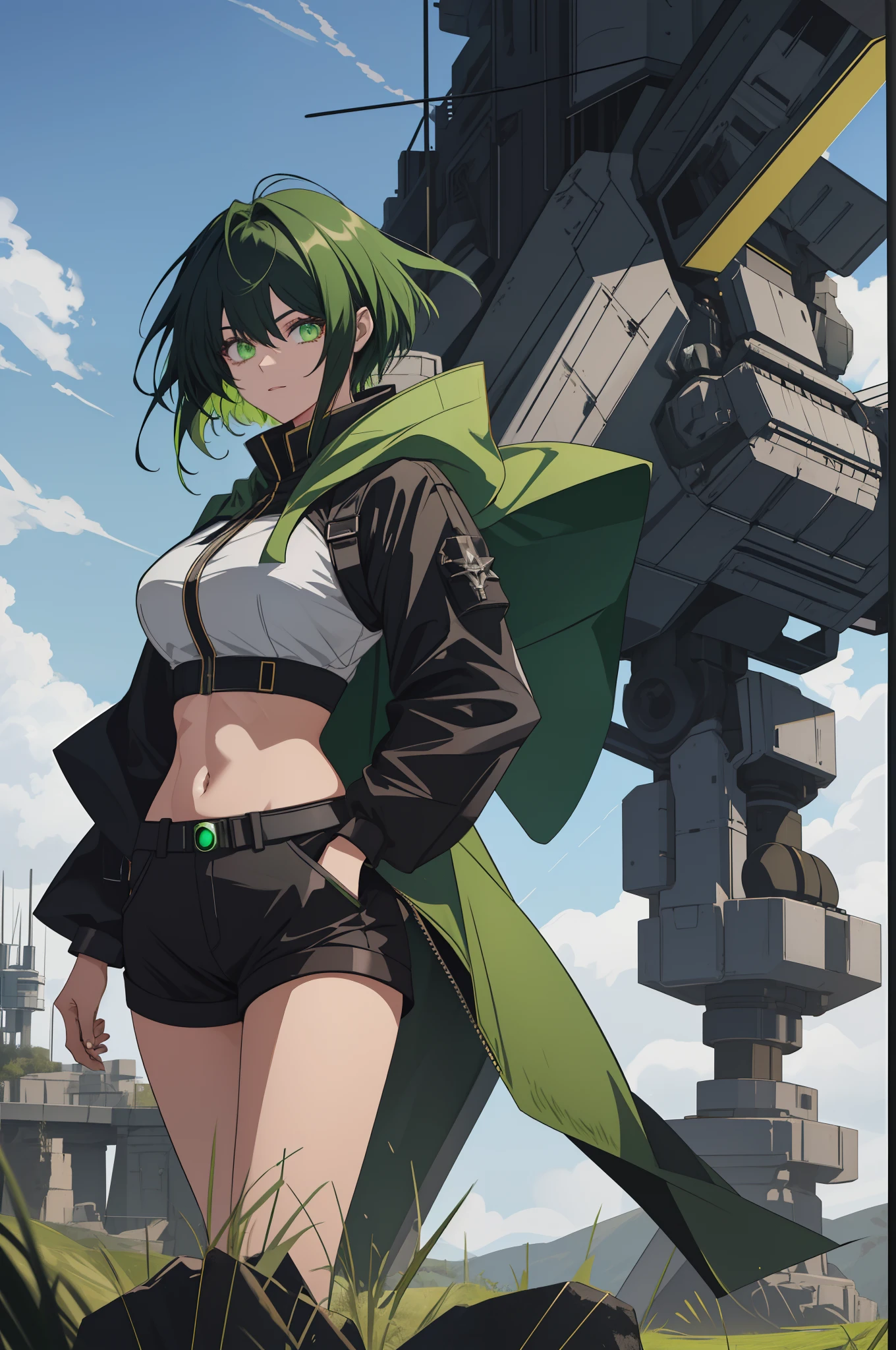 leges，mechanical leg，Black mechanical legs，Plump legs，Green gem setting，Anime girl standing gracefully on the ground，Black cape and green hair, rogue anime girl, Anime girl standing, Wearing a cloak on the blasted plain, asuka suit under clothes!, holy cyborg necromancer girl, badass posture, mechanic punk outfit, anime styled 3d, render of a cute 3d anime girl, gapmoe yandere grimdark, Female character，musculature，Abs，Glowing green eyes，Black hair with green gradient，short detailed hair，Bunched hair，Dull hair，（Muscle 2.0），Tomboyish，Be red in the face，looking at viewert，Elaborate Eyes，Black mechanical legs，huge tit，1.5，Green Greatsword，Left hand crossed waist，ssmile，robotic hand，blacksilk