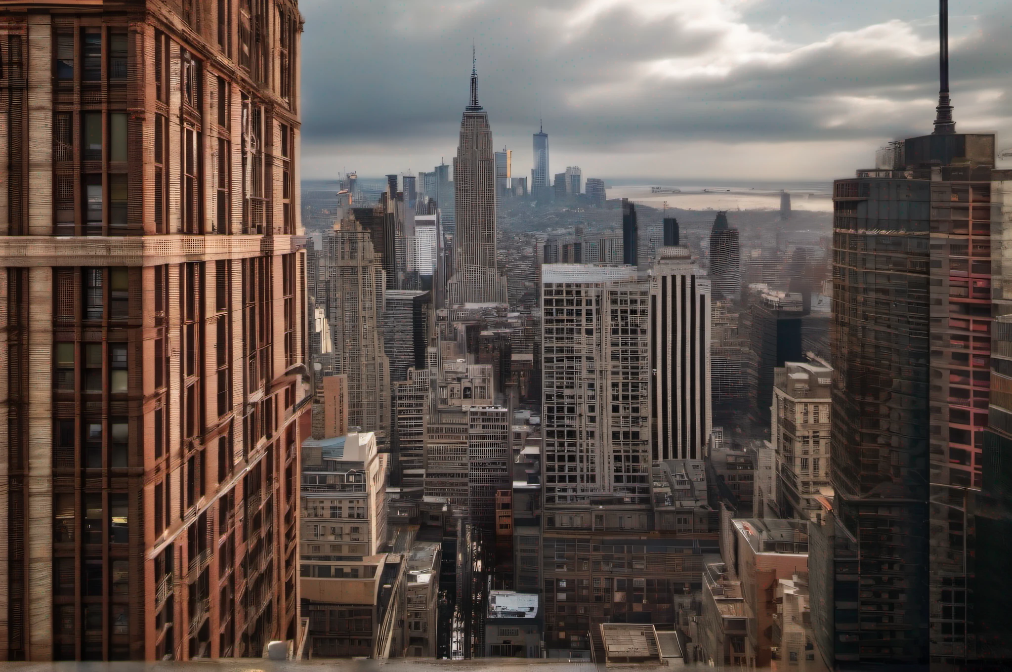 Award winning photography of beautiful downtown New York city streets, high rises, cars thronging in the streets, birds-eye shot, extreme long shot, moody lighting, expansive landscape shot, highly detailed, cinematic lighting. Photo realistic. Ultra HD 32K --AR 16:9, -- chaos 1, --v 5., --s 1000, -q1, -- iw2, style raw