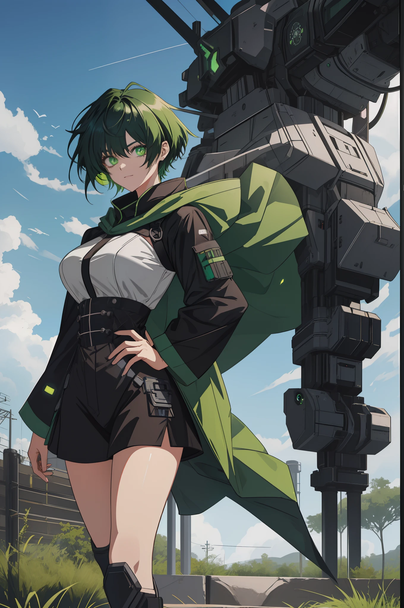 leges,mechanical leg,Black mechanical legs,Plump legs,Green gem setting,Anime girl standing gracefully on the ground,Black cape and green hair, rogue anime girl, Anime girl standing, Wearing a cloak on the blasted plain, asuka suit under clothes!, holy cyborg necromancer girl, badass posture, mechanic punk outfit, anime styled 3d, render of a cute 3d anime girl, gapmoe yandere grimdark, Female character,musculature,Abs,Glowing green eyes,Black hair with green gradient,short detailed hair,Bunched hair,Dull hair,(Muscle 2.0),Tomboyish,Be red in the face,looking at viewert,Elaborate Eyes,Black mechanical legs,huge tit,1.5,Green Greatsword,Left hand crossed waist,ssmile,robotic hand,blacksilk