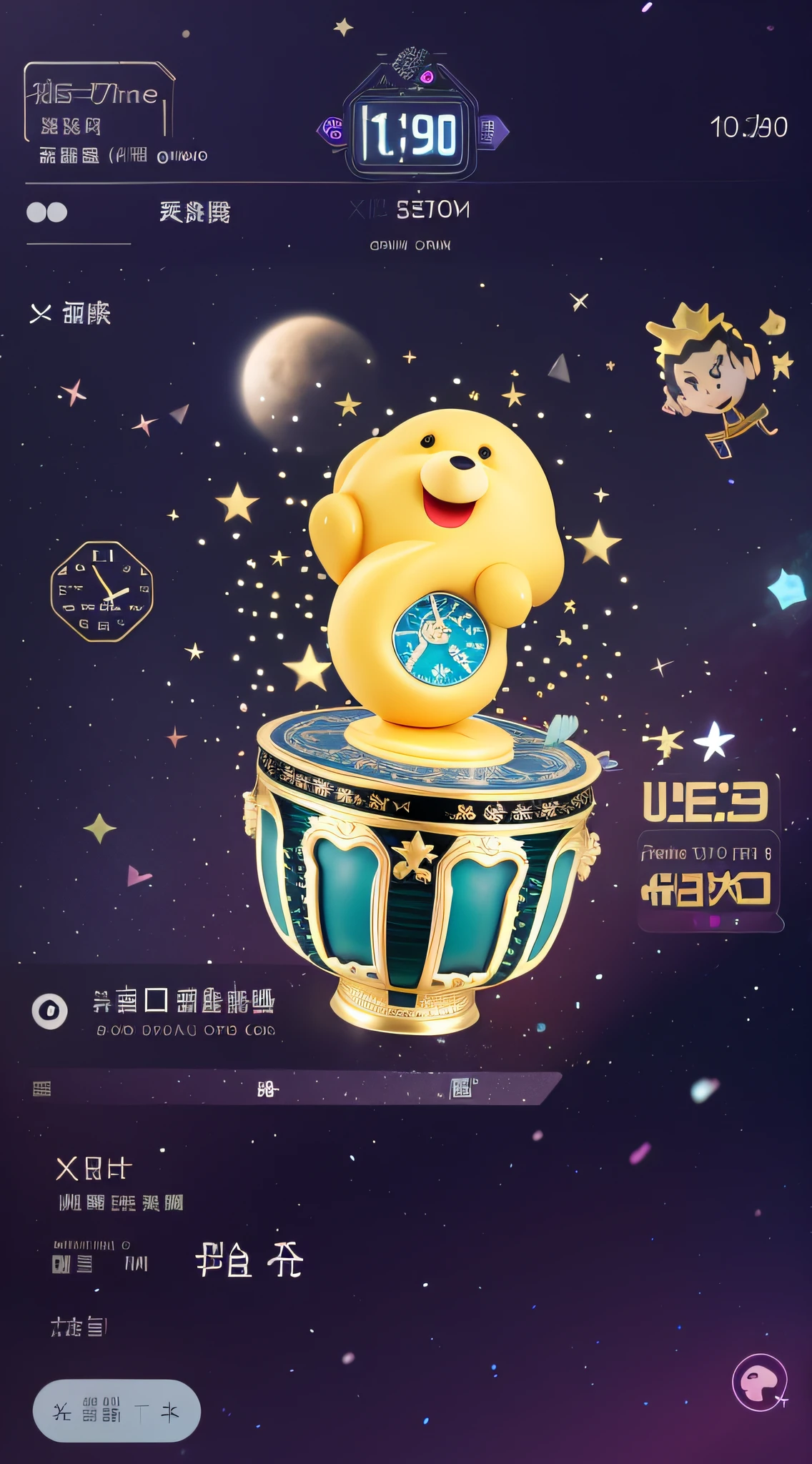 Phone close-up with clock and stars, Cai Xukun, trending at cgstation, trending on cgstation, luxury item showcase, Inspired by Bian Shoumin, inspired gacha club game, inspired by Luo Mu, xianxia fantasy, Inspired by Zou Yigui, mobile game, Inspired by Song Maojin