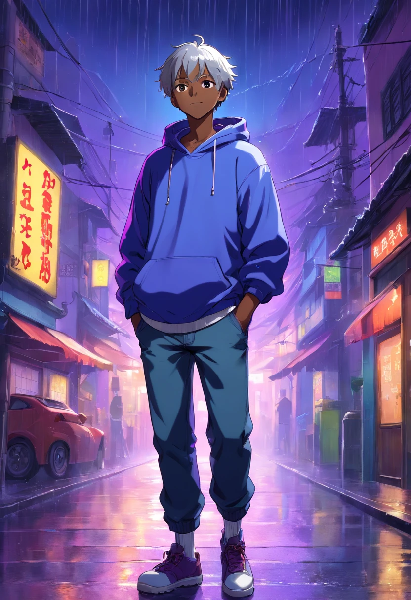best quality, HDR, ultra-detailed, realistic, purple-eyed, short straight silver-haired, warm smile, african american male with hands in pockets, wearing a blue sweatshirt and black jeans, standing in heavy rain at night, inspired by anime, with a vibrant color palette and moody lighting.
