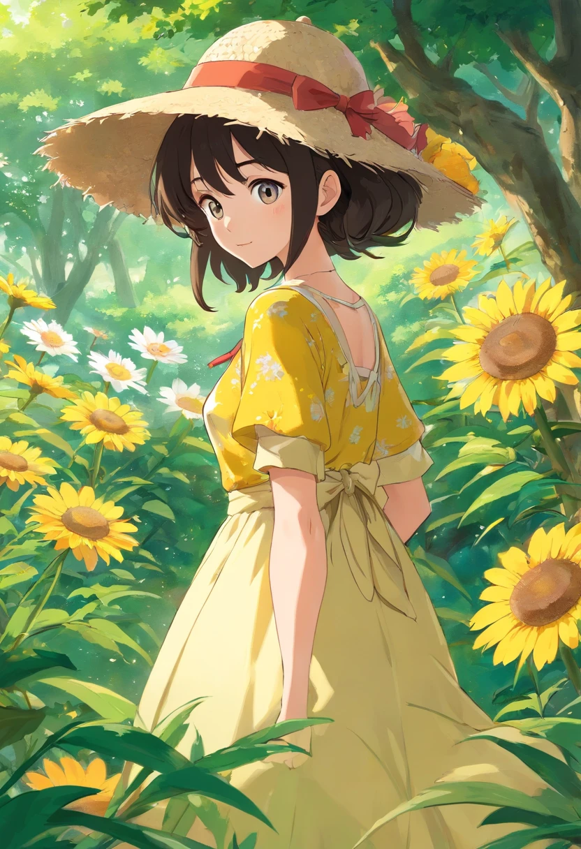 (melhor qualidade, obra-prima) mulher, cabelo ruivo cacheado, pele branca, jardim, durante o dia, epic background, HD, colorido, flores flutuando ao vento, vestido cottage core, chic straw hat