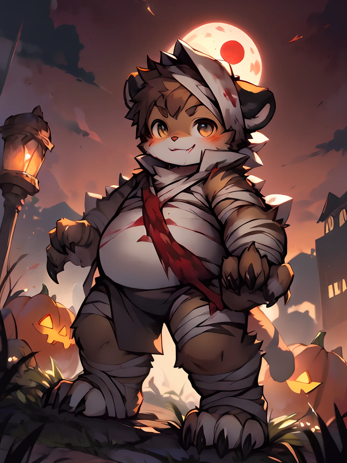 Masterpiece, Best quality, Bright eyes, (Furry, coyote,Mummy costume, Multicolored fur, Solo, Claws, Lick lip, blood in face, Halloween, Jack-o'-lantern, Night, Blood Moon,Full body photo,Naked,bandagens,male people,boy((Slightly fat)))(author:Puinki,By Artists:1.2),(author:Unreal Land,author:Sumi Kuroi,author:Milk Tiger 1145,author:Morkey,author:Emolga 1,Through oocysts:1.2)