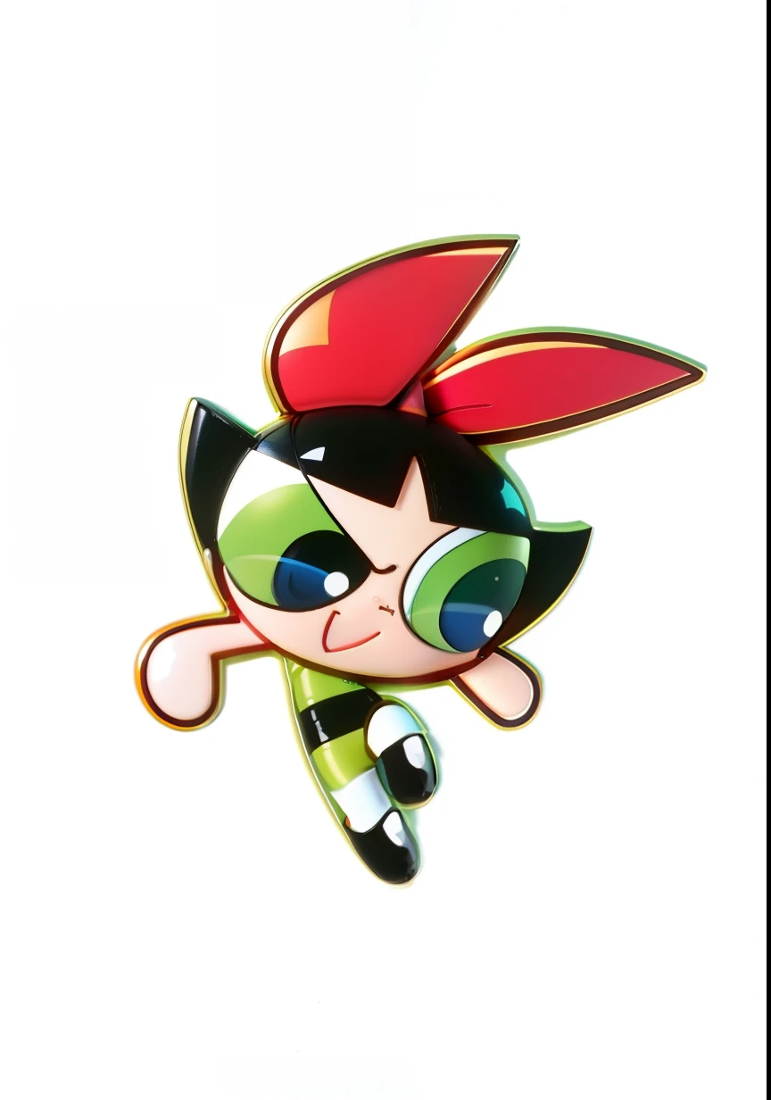 Close-up of red-headed cartoon characters, powerpuff girls style, Cartoon Cute, tchibi, inspired by Puru, offcial art, Super, Buble, Popmart style, Masterpiece, best qualtiy, 3D model, Realistic, rich details​, HD render mixer, claymaterial, Black hair, , Flight suit, Holding a yellow flower in his hand, Big watery eyes, White background