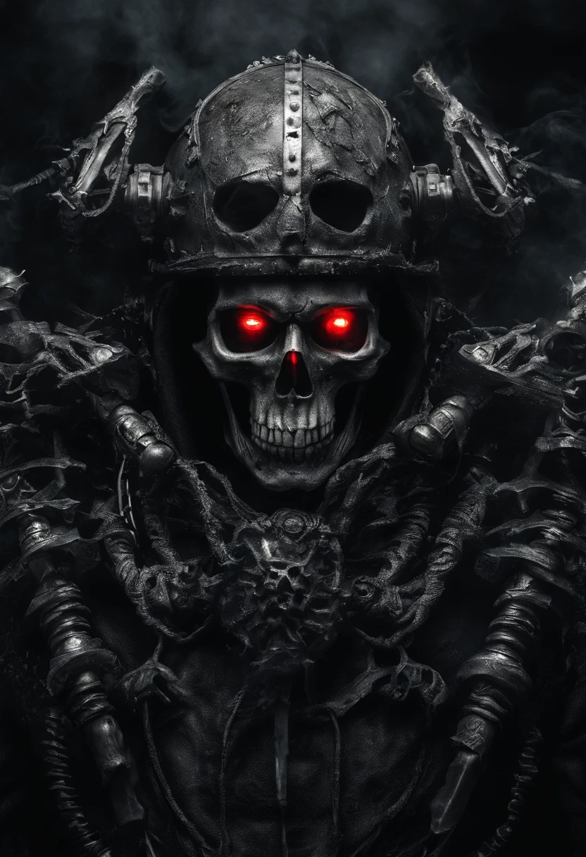 Highly reflective chrome skull motorcycle helmet with glowing red eyes ，Claws，40 mm grenade launcher,n Spooky environment，dentes pontiagudos，Berserker，full bodyesbian，Powerful aura，A strong sense of oppression，incredibly detailed，Red-eyed skeleton，The flames of hell are raging，Skeleton Legion，Ultra photo realsisim