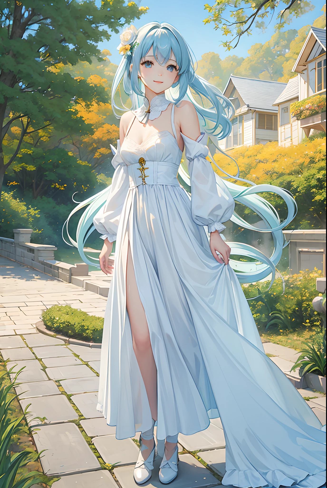 (((masterpiece)))、(((top-quality)))、((ultra-definition))、(Highly detailed CG illustrations)、((extremely delicate and beautiful))、(Delicate and Pretty Face)、ciinematic light、Pretty girl、Light blue long hair、Twin-tailed、独奏、White and yellow long dress、Standing on a hill of autumn leaves at sunset、full body Esbian、A charming smile、small tits(Character Focus)、nffsw、Face Highlights
