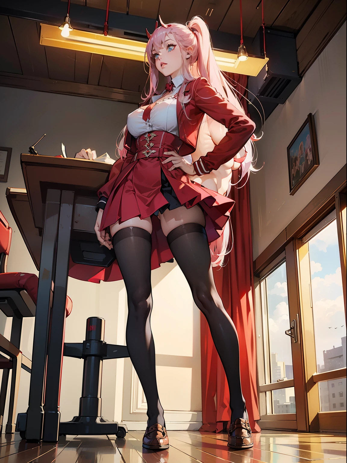 Zero two anime character, best quality, masterpiece, whole body, hair pink, perfect and defined body,  Simon Bisley style, whole body, red clothes massive tits, very muscular, brown loafer shoes, huge breasts, thick thighs, long legs, thin waist, arched back, sexual pose, up skirt, thong, showing, exposed, cleavage, angle from below, school girl jacket, red skirt, red sports coat, legs spread open, in a classroom, sitting at desk, age 22, college, girls, cinematic lighting, hd, 8k, high res, muscular, defined muscles, bending over, exposing cleavage, back sheer stockings, nylon pantyhose, black pantyhose