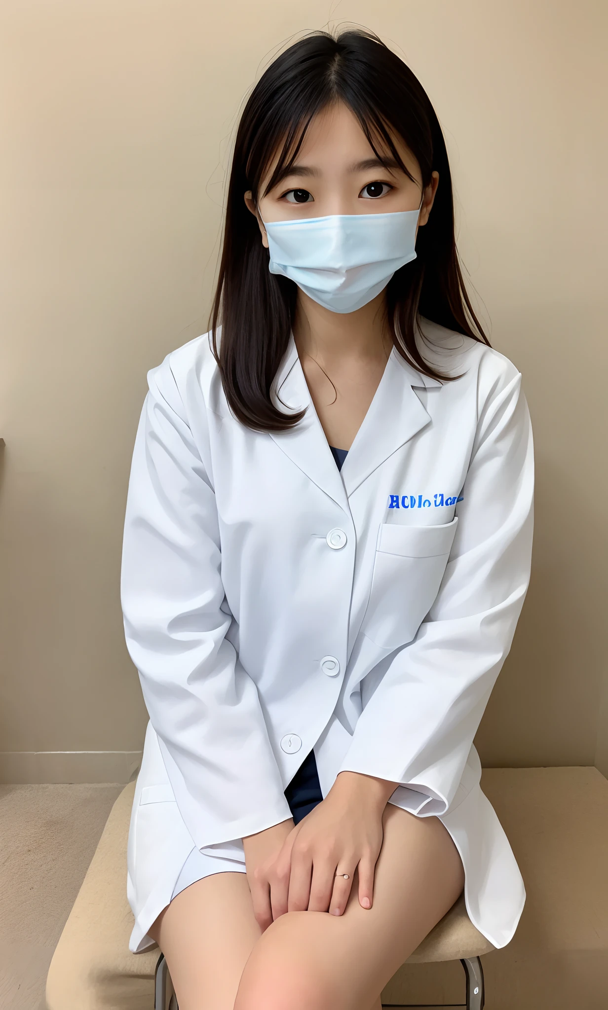Woman in white frosted suit wearing mask, wearing white nurse uniform, healthcare worker, Wear a nurse's uniform in the hospital, Sit tight, Sit in the waiting room, Portrait of a nurse on a stool, Beautiful nurse, resting after a hard mission, BREAK BREAK BREAK, woman is sitting, doctor, resting after a hard fight,messy shortt hair,Rounded and well-proportioned legs,Barefoot,Glowing white tender toes,fully body photo