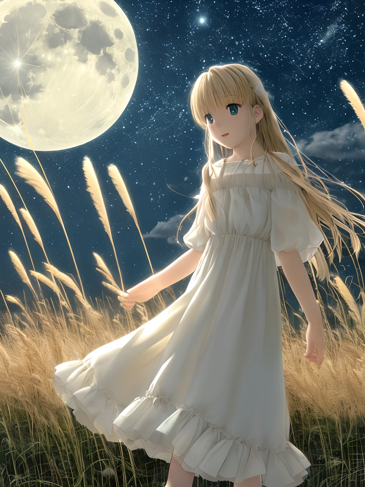 grass field、Fantastic starry sky、Shining Full Moon、Steppe grass swaying in the wind、Photoquality、Live action、Realisticity、Transparency、Realistic depiction、The 8k quality、nffsw、Digital SLR、hightquality、film grains、FujifilmXT3、starrysky、(Full Moon Night)、Giant Myscanthus、Faintly shining pampas grass、harvest moon、autumnal、