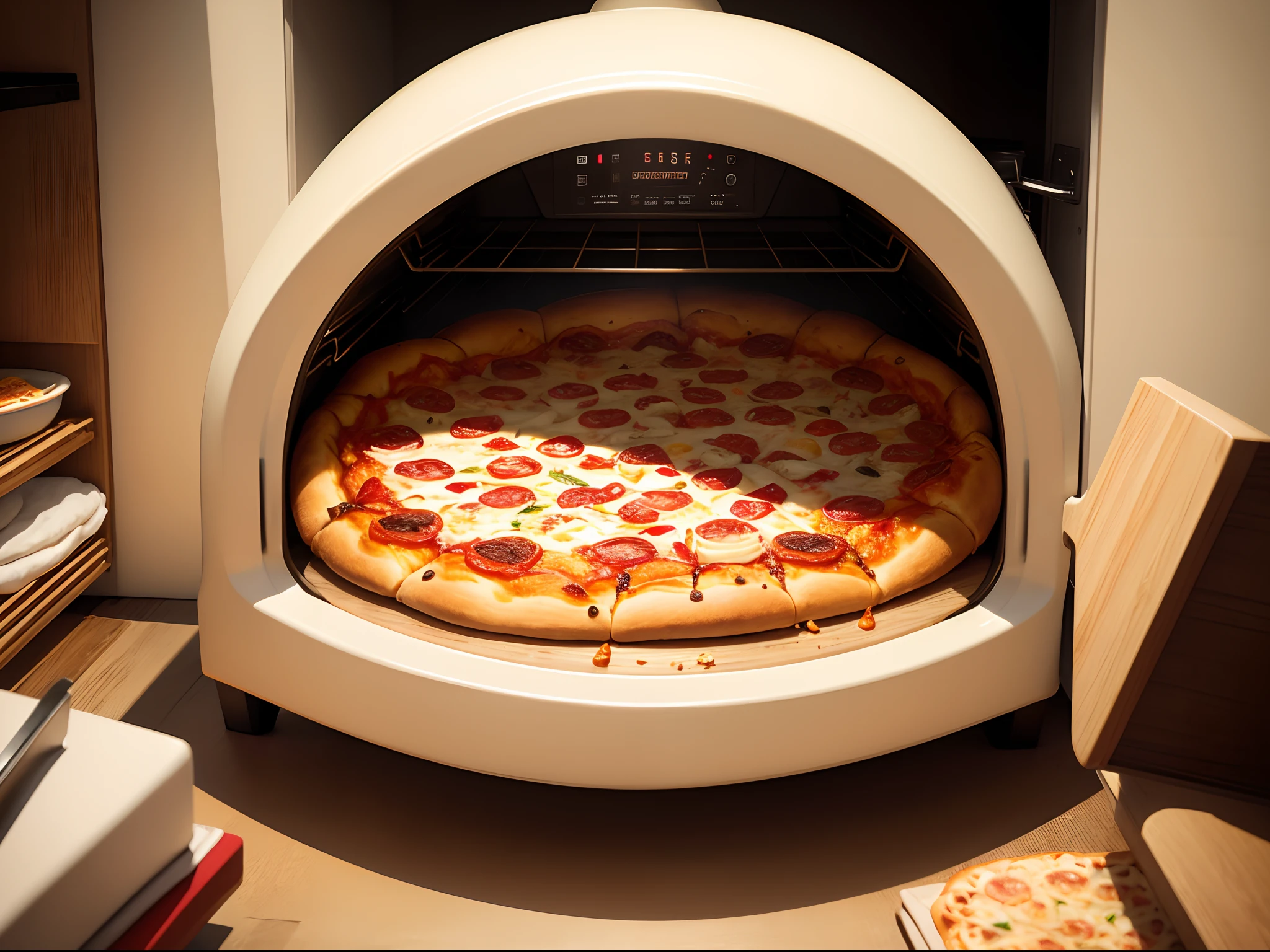 (masterpiece, best quality), best resolution, pizza baking in an oven