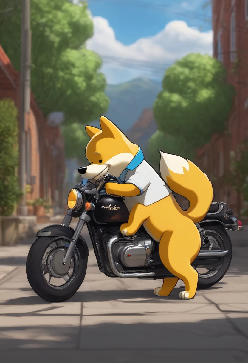by dr.kiyo, by takemoto arashi, by null-ghost, by canyne khai, back view, canid, canine, mammal, anthro, blush, bottomless, butt, backsack, balls, clothed, clothing, delivery (commerce), food, food delivery, genitals, hat, headgear, headwear, male, motorcycle, pizza, pizza delivery, pizza slice, pussy, raining, shirt, solo, topwear, vehicle, looking back, looking back at viewer, masterpiece, best quality, anime, anime style, digital flat colors, sharp shadows, shaded, male focus, extreme detailed illustration, good anatomy, detailed RPG CG