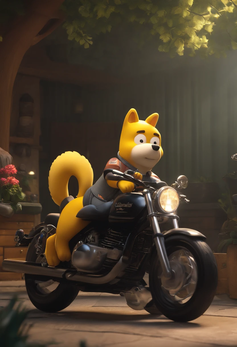Simpson rides a motorcycle,There is a Shiba Inu next to it,Excellent lighting,Volume music,brush rendering,。.。.3D,Go beyond the details