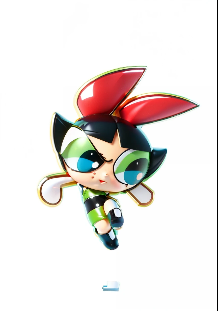 Close-up of red-headed cartoon characters, powerpuff girls style, Cartoon Cute, tchibi, inspired by Puru, offcial art, Super, Buble, Popmart style, Masterpiece, best qualtiy, 3D model, Realistic, rich details, HD render mixer, claymaterial, Black hair, , Flight suit, Holding a yellow flower in his hand, Big watery eyes, White background