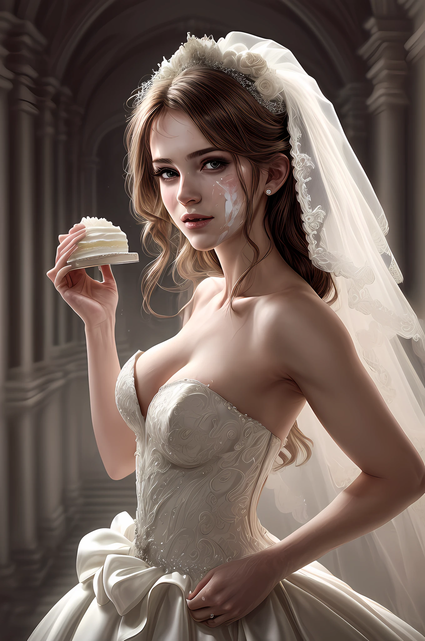a picture of a bride getting the wedding cake smashed to her face, a beautiful young woman, exquisite elegant, sexy wearing wedding dress, getting the cake smeared on her face, wedding hall background, soft lightning, dynamic angle, best details, best quality, 16K, [ultra detailed], masterpiece, best quality, (ultra detailed), full body, ultra wide shot, photorealistic,