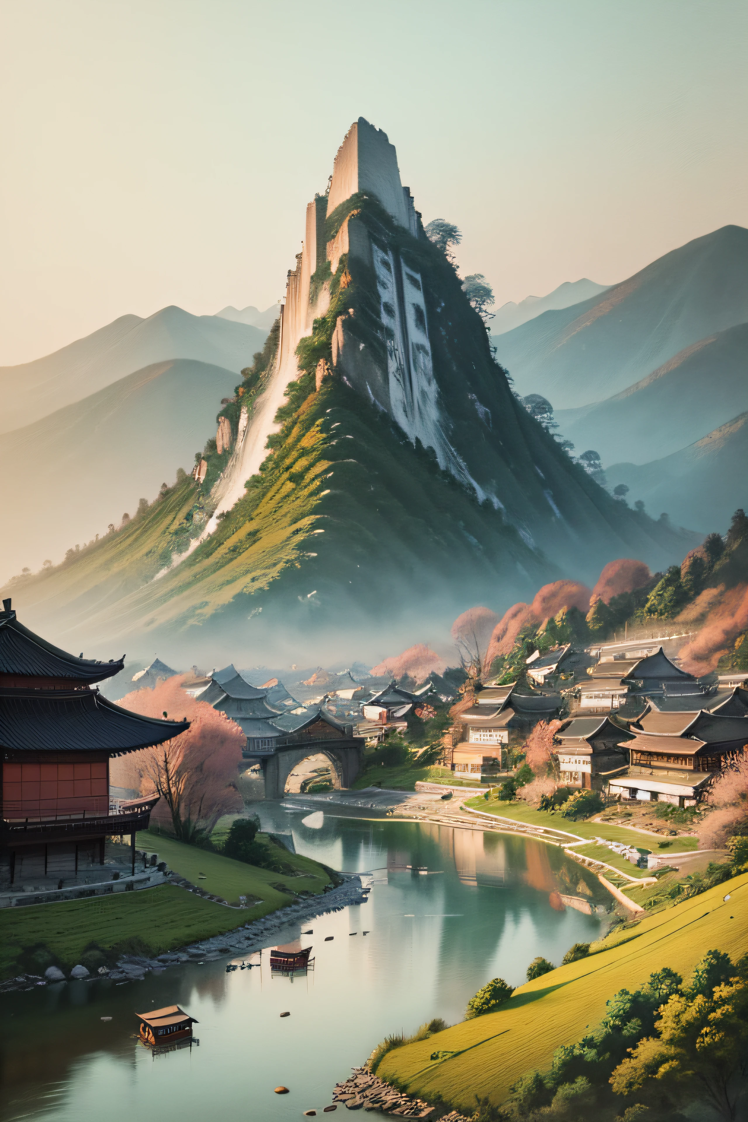 Classical Chinese painting,watercolor paiting,Danqing painting,old painting,Rice paper painting,A mountain,Below the mountain is the town,On the mountain is a beautiful moon,Rivers surround the mountains,Mid-Autumn Festival atmosphere,ink and watercolor painting