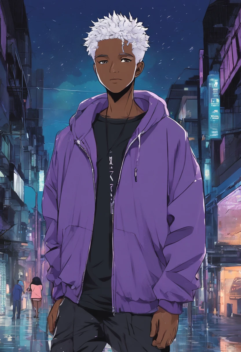 adult, african american male, purple eyes, short straight silver hair, blue sweatshirt, black jeans, hands in pockets, warm smile, standing in heavy rain, night time,