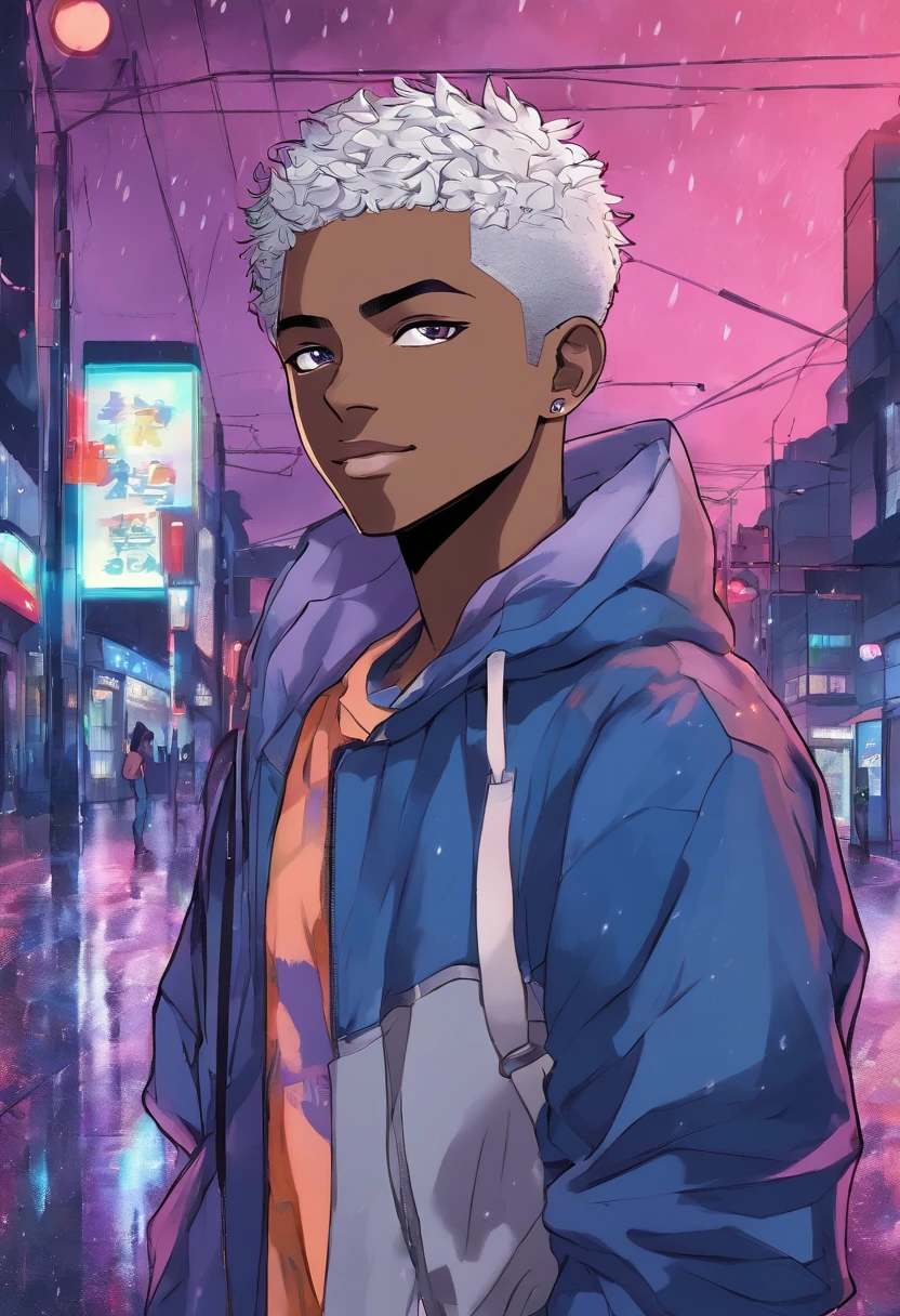 adult, african american male, purple eyes, short straight silver hair, blue sweatshirt, black jeans, hands in pockets, warm smile, standing in heavy rain, night time,