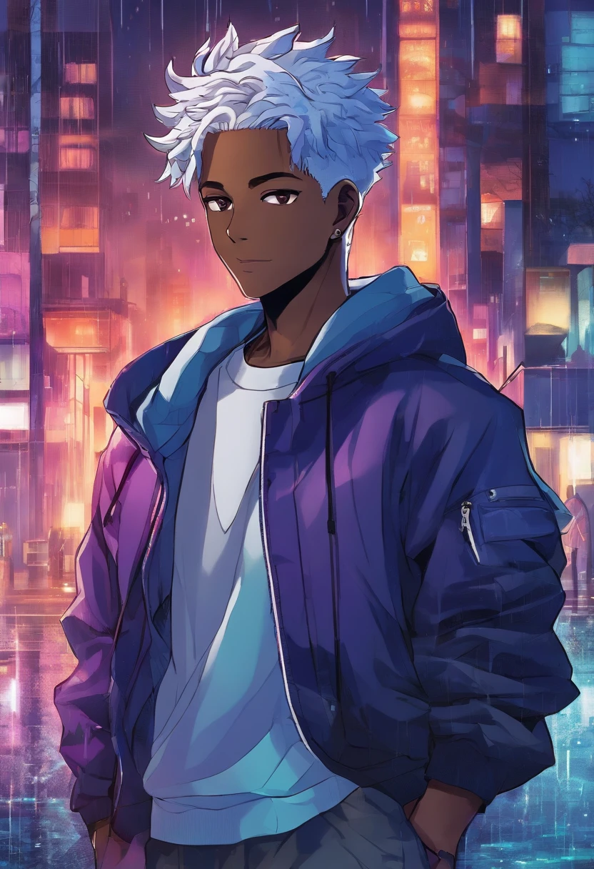 adult, african american male, purple eyes, short straight silver hair, blue sweatshirt, black jeans, hands in pockets, warm smile, standing in heavy rain, night time,